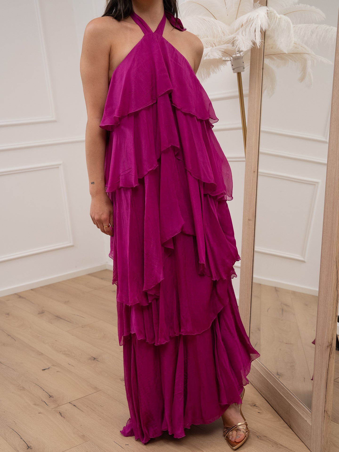 Vestito lungo magenta a balze misto seta - HaveOne