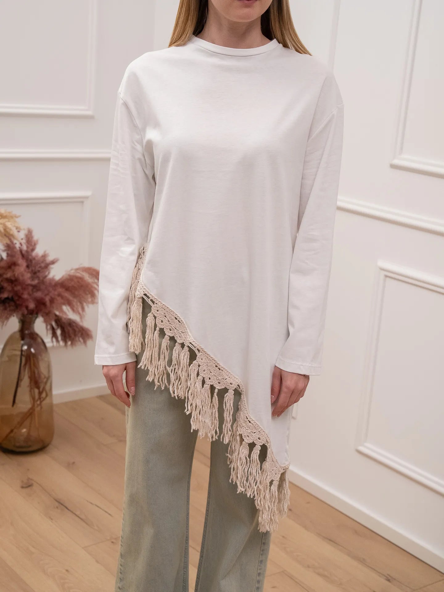 T shirt bianca con frange crochet - HaveOne