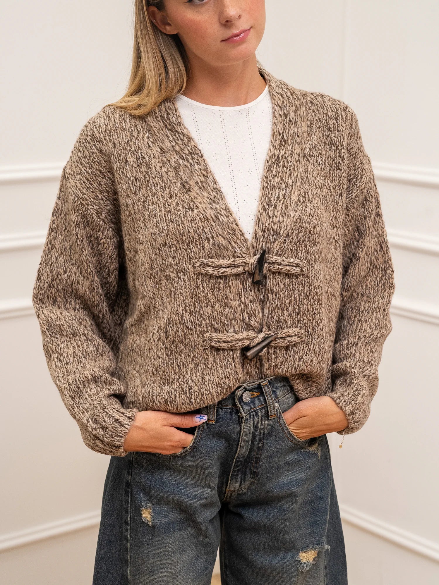 Cardigan Moulinè con alamari misto lana - HaveOne