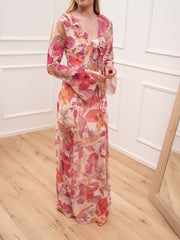 Vestito lungo Flora burro, pesca e rosa con volant - HaveOne