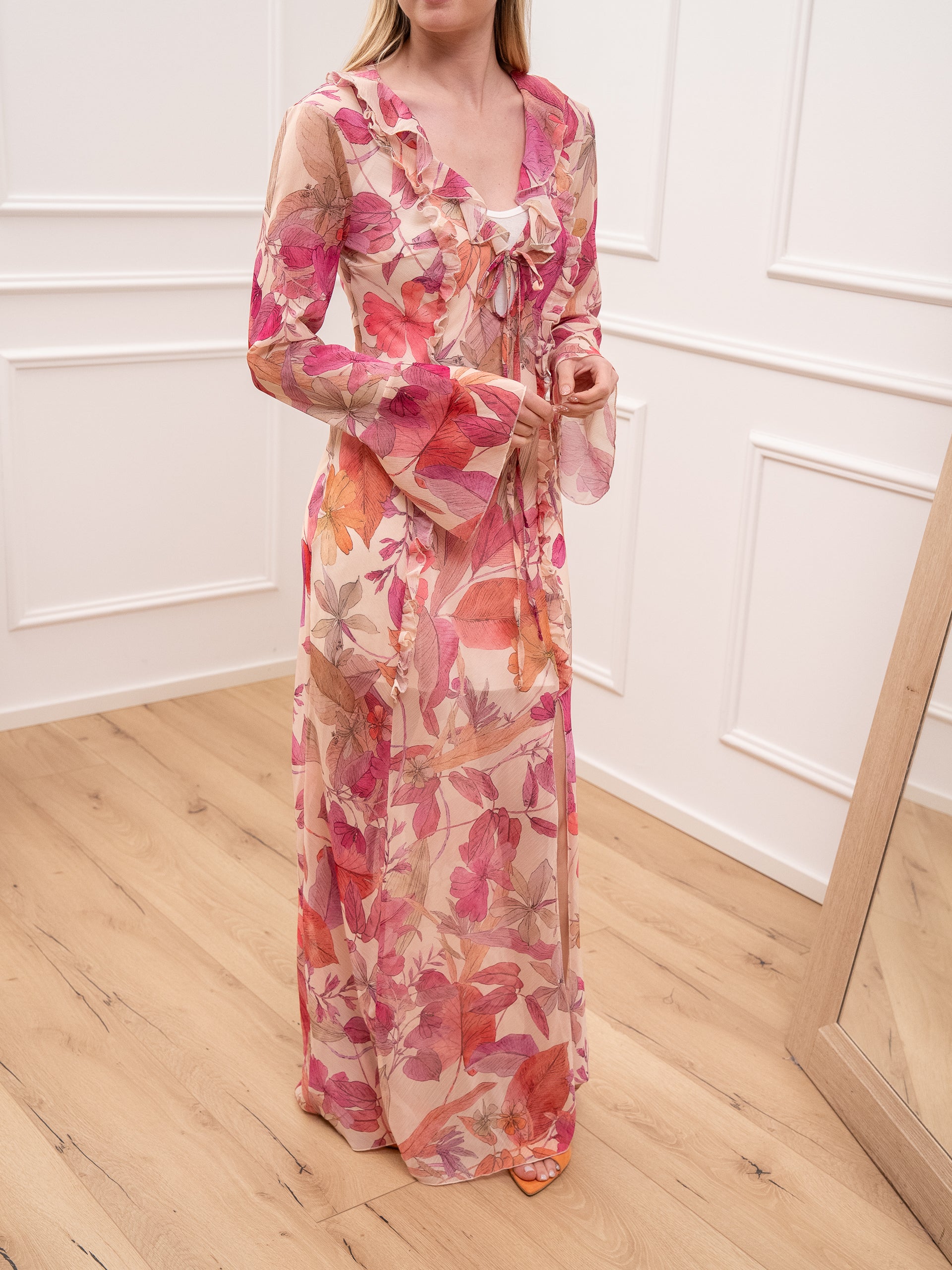 Vestito lungo Flora burro, pesca e rosa con volant - HaveOne