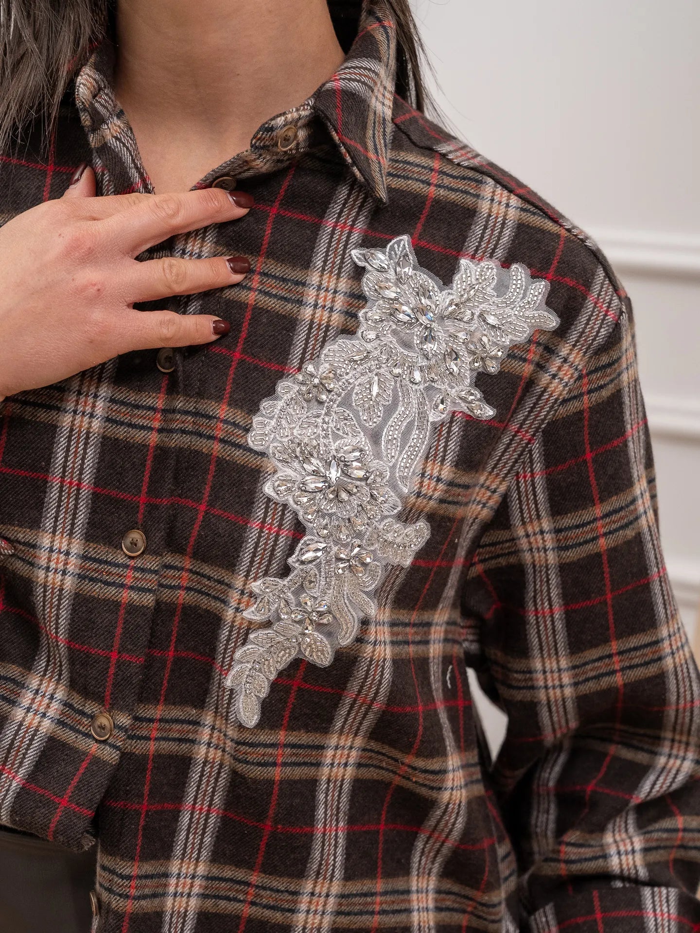 Camicia in flanella check moro con patch gioiello - HaveOne