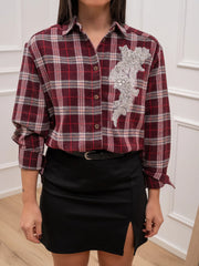 Camicia in flanella check bordeaux con patch gioiello - HaveOne