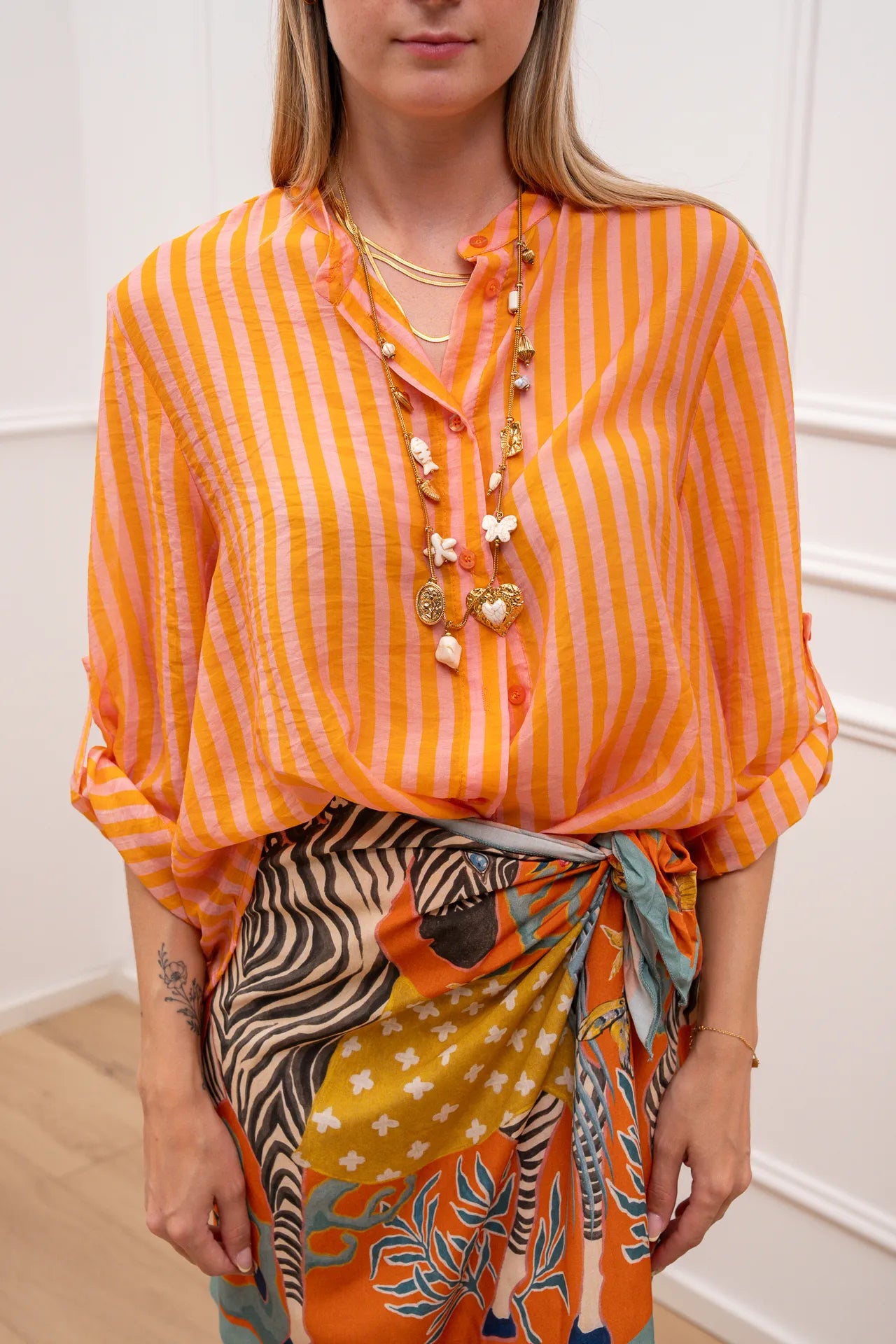 Camicia riga sottile arancio e rosa in lyocell - HaveOne