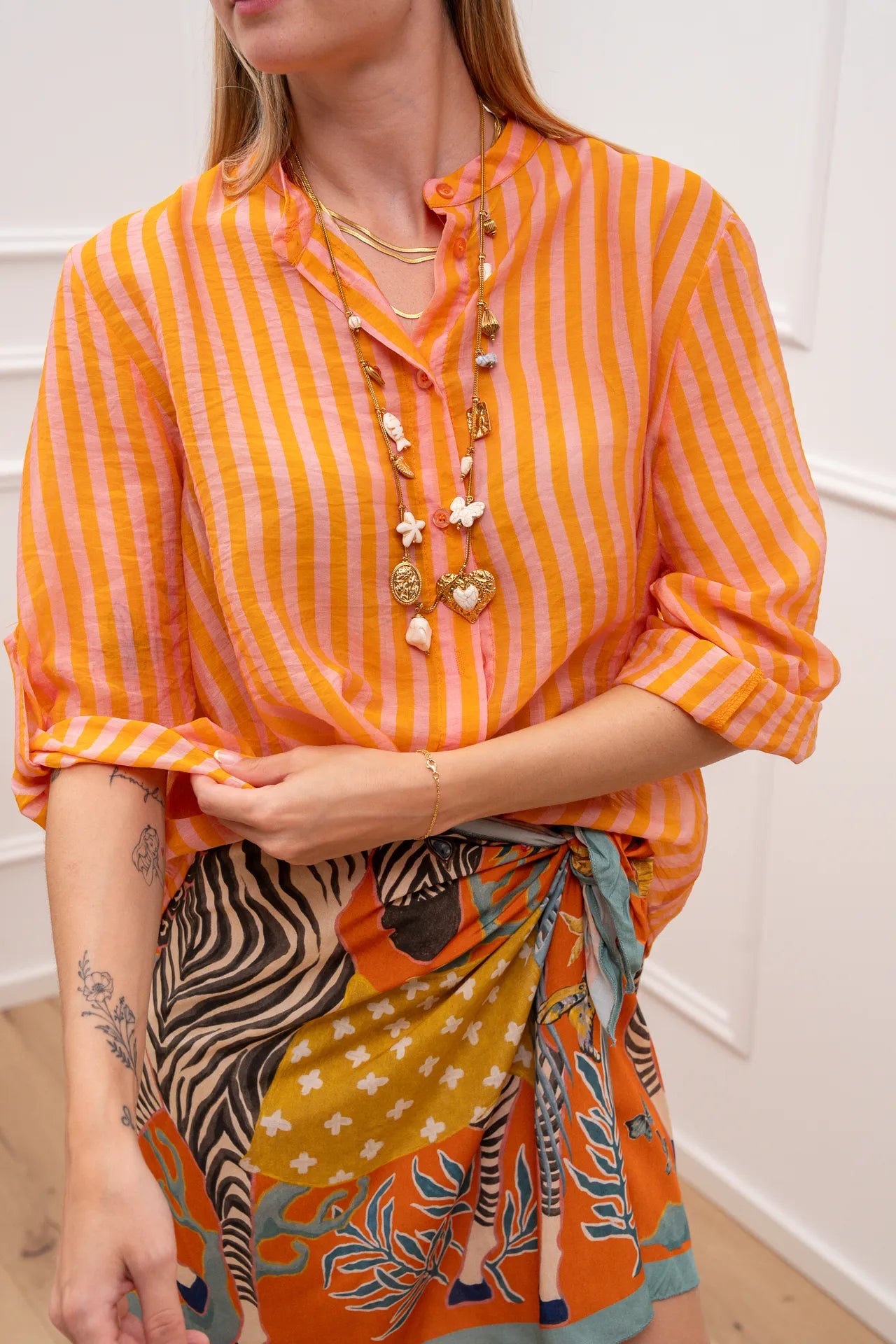 Camicia riga sottile arancio e rosa in lyocell - HaveOne