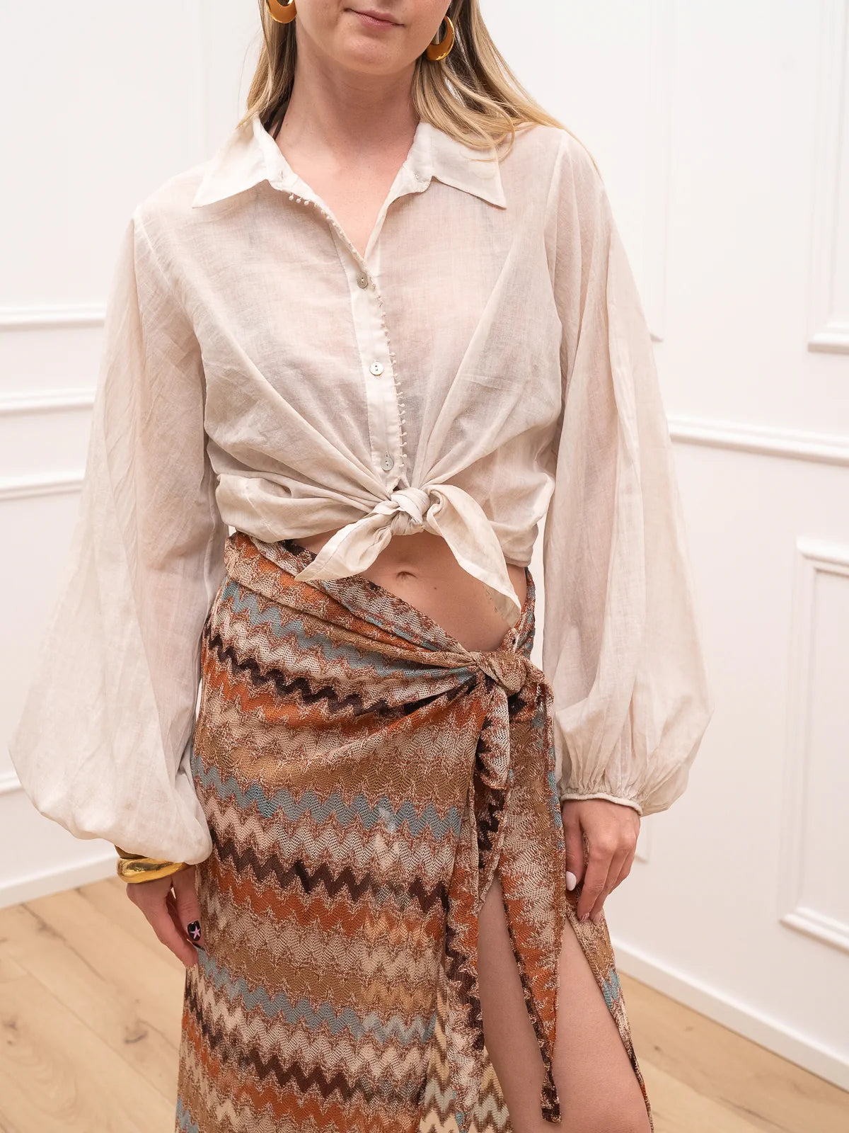 Camicia voile beige con passamaneria - HaveOne