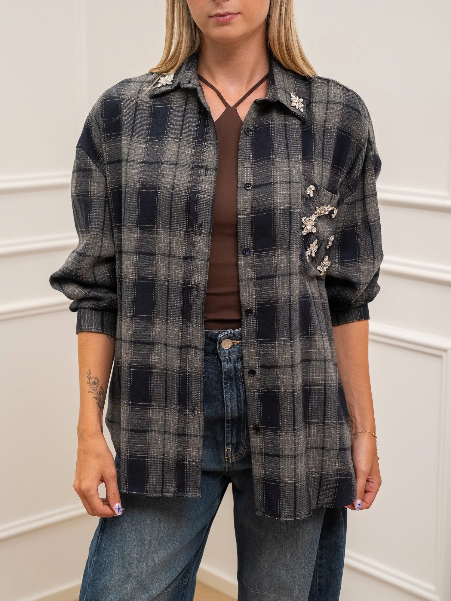 Camicia flanella check blu e grigia con cabochon - Vicolo