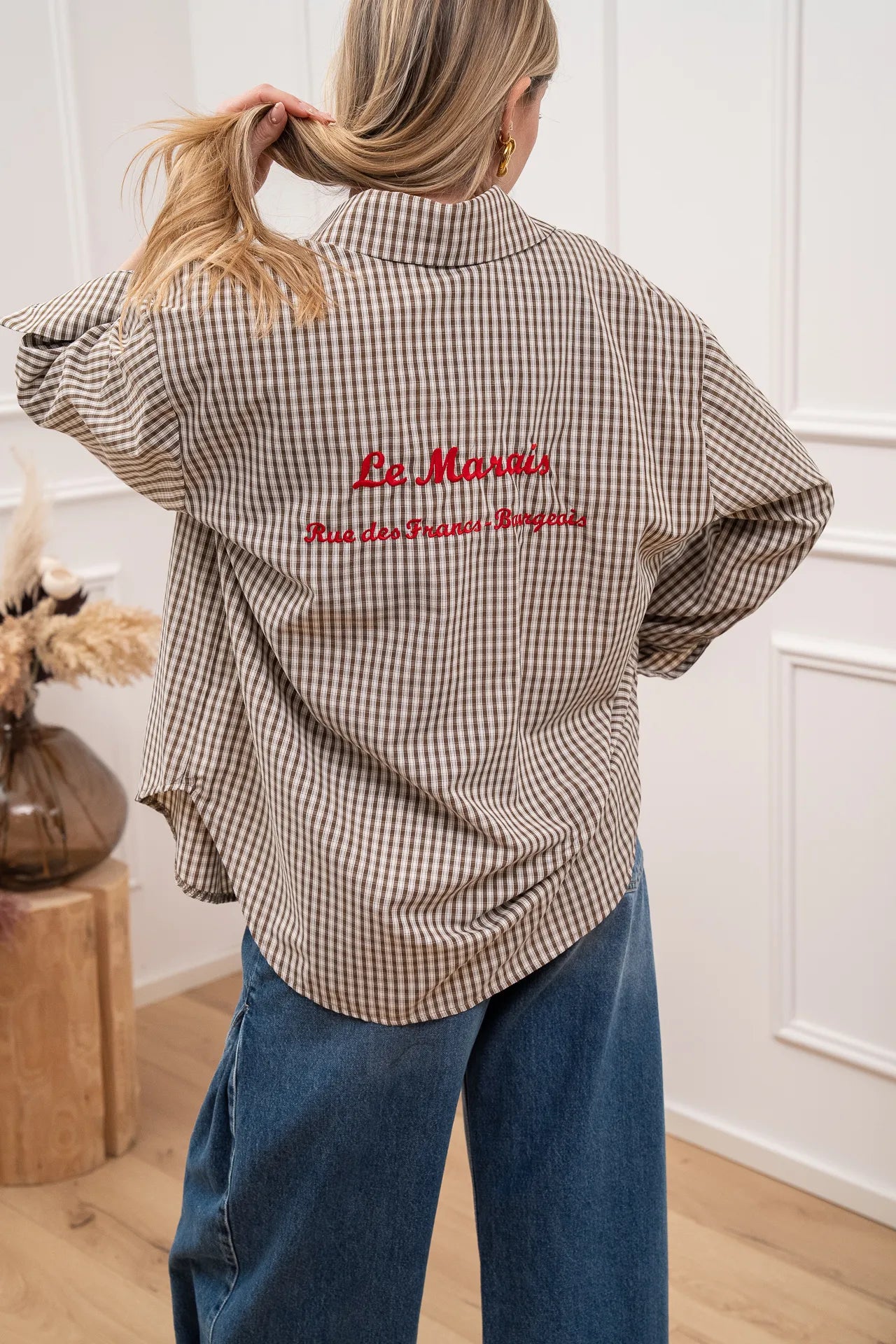 Camicia quadretti moka con ricamo rosso sul retro - HaveOne