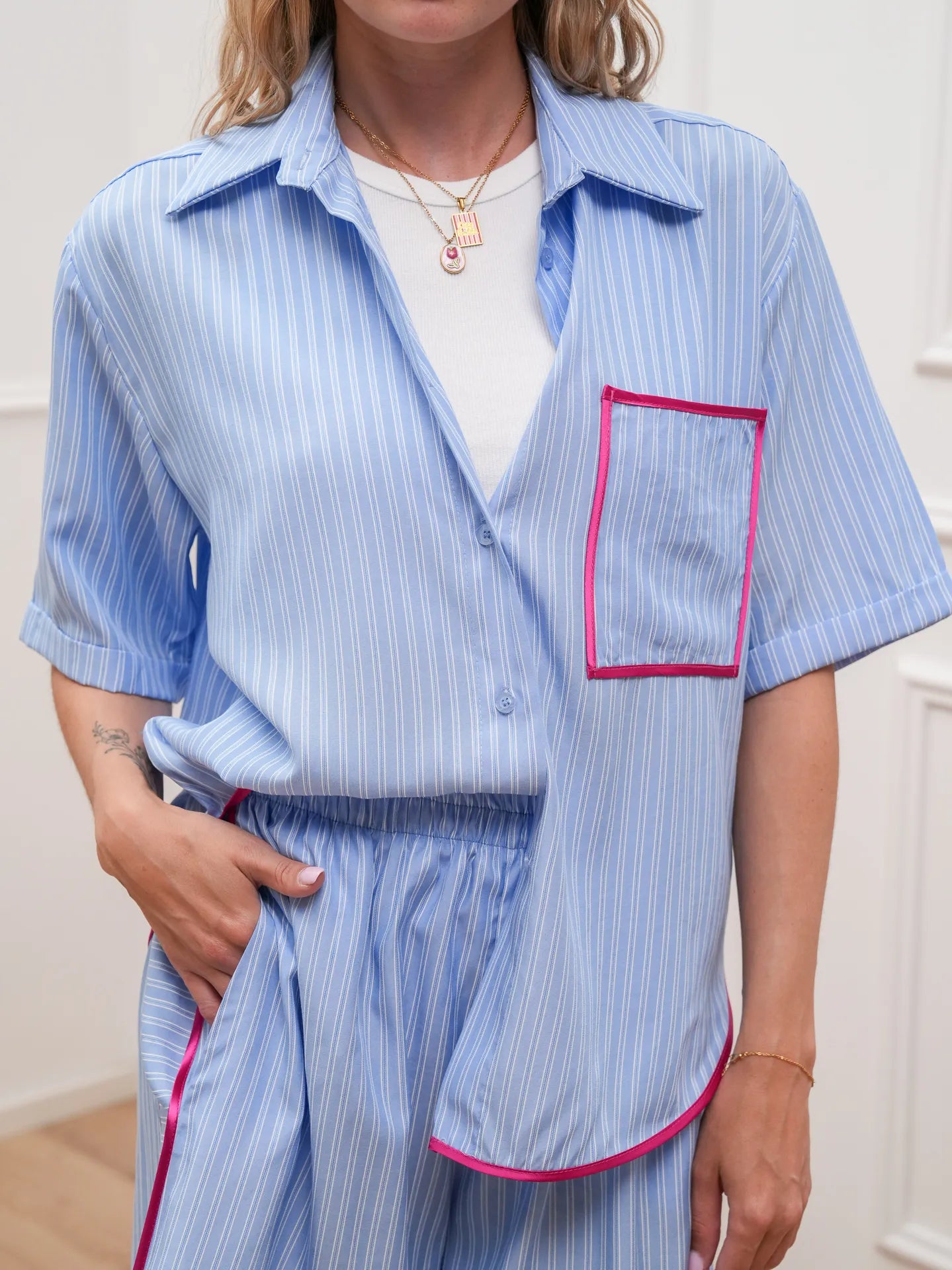 Camicia gessata celeste piping fucsia - Tensione In