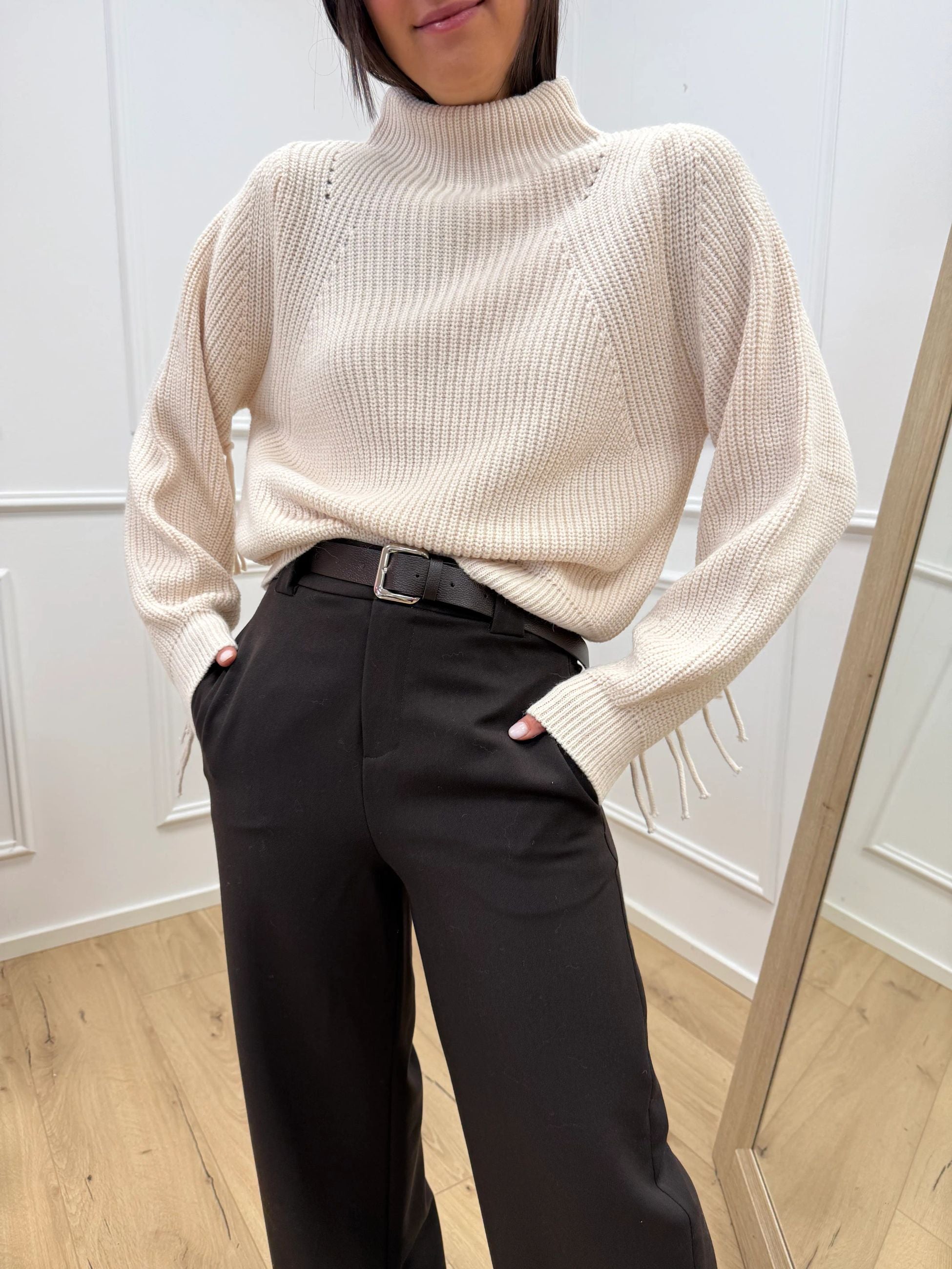 Maglia panna costa inglese con frange - HaveOne