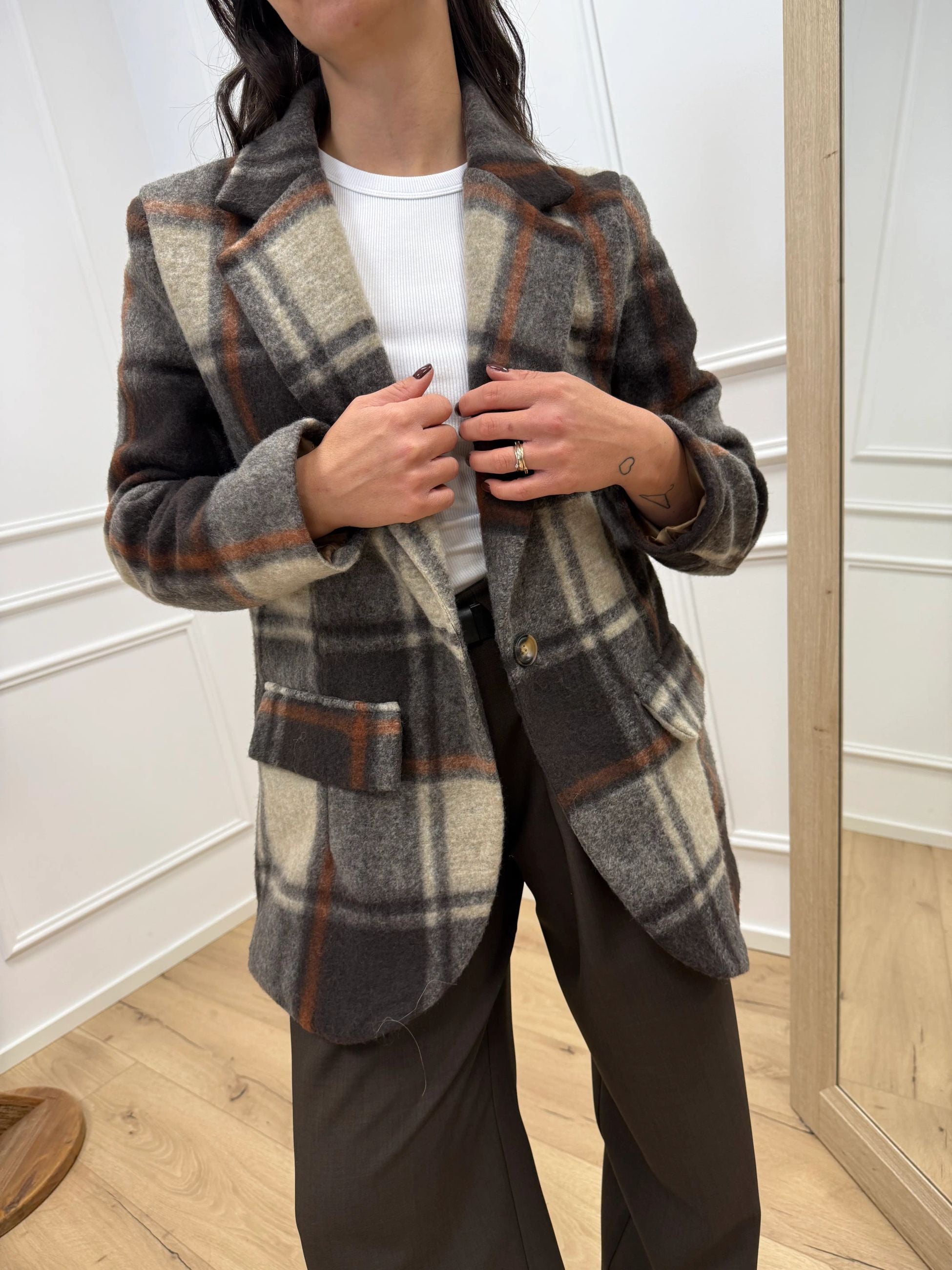 Giacca cappotto check grigio, ruggine, moro - HaveOne