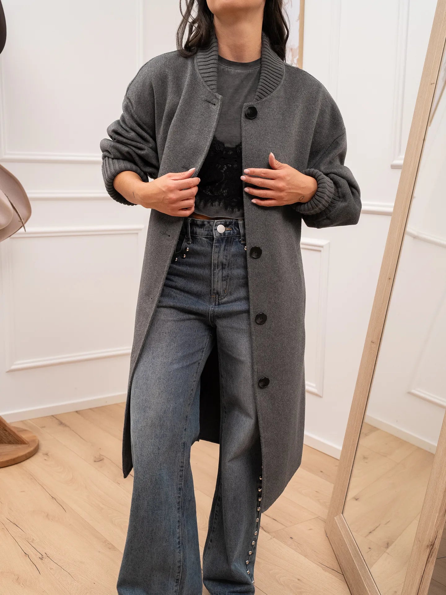 Cappotto lungo handmade grigio con polsini - Vicolo