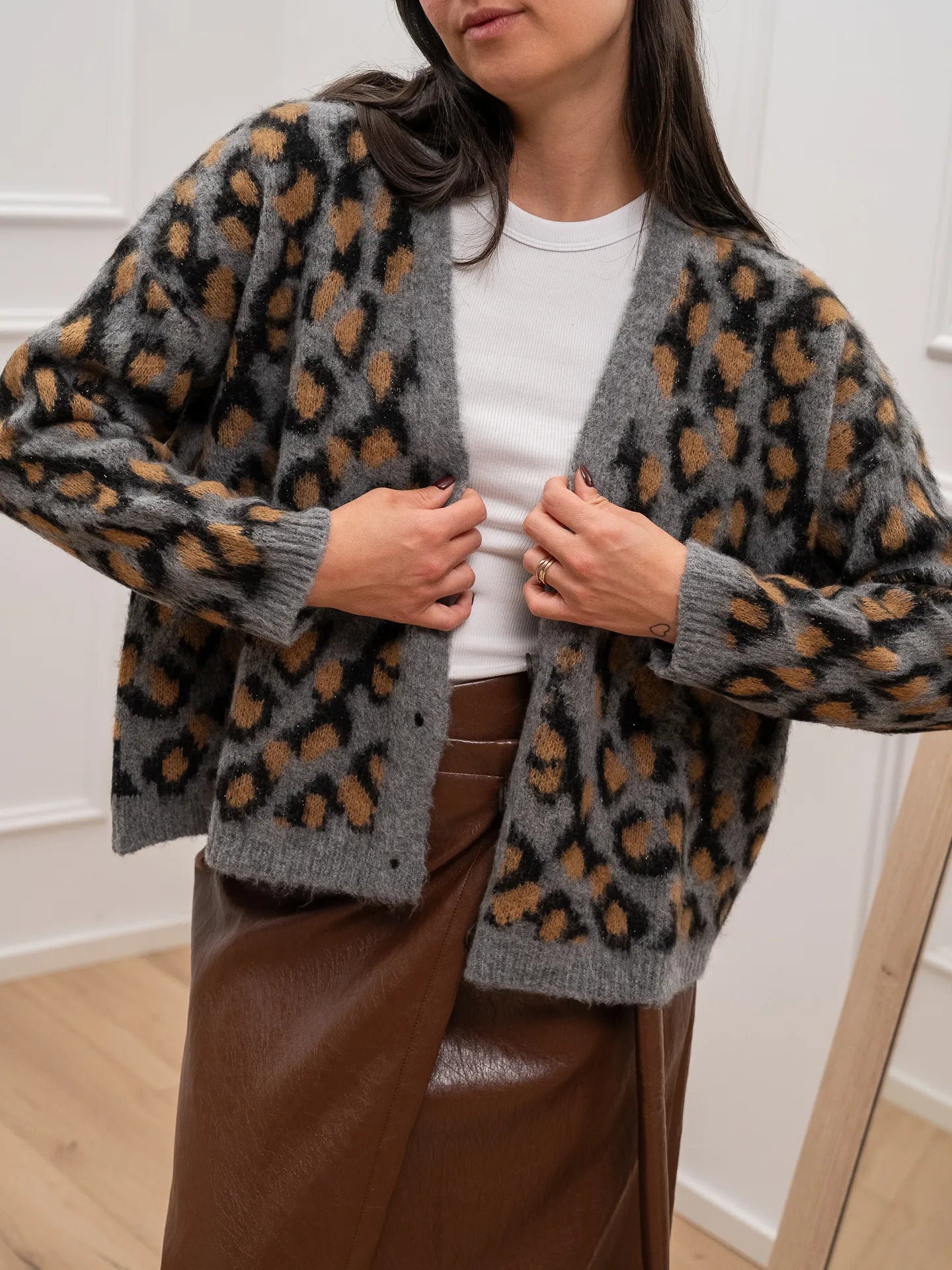 Cardigan maculato grigio, nero e camel - HaveOne
