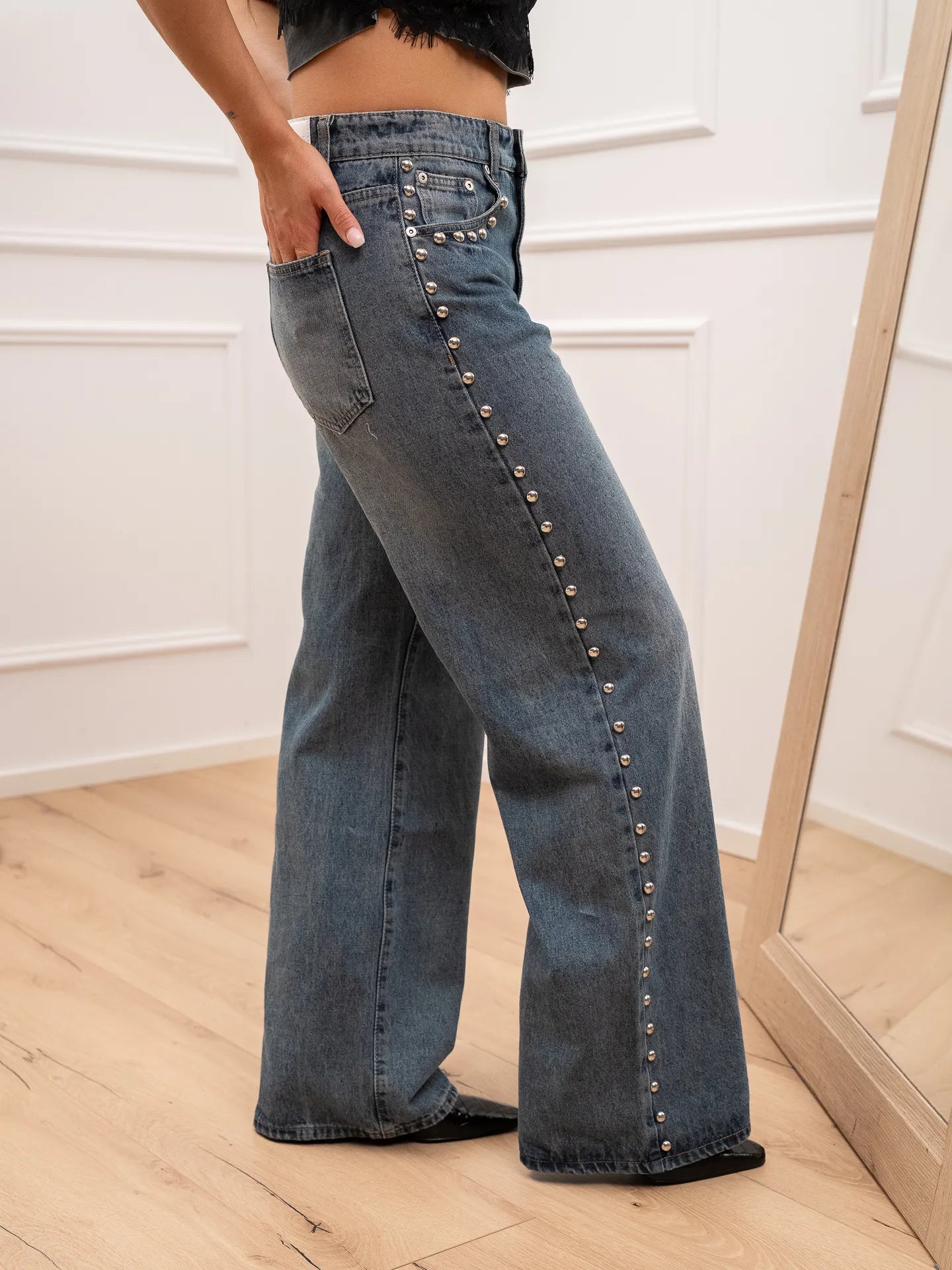 Jeans denim scuro borchie argento sui bordi - Glamorous