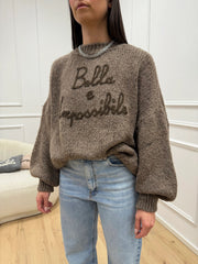 Maglia tortora ricamo "Bella e impossibile" - You Decide