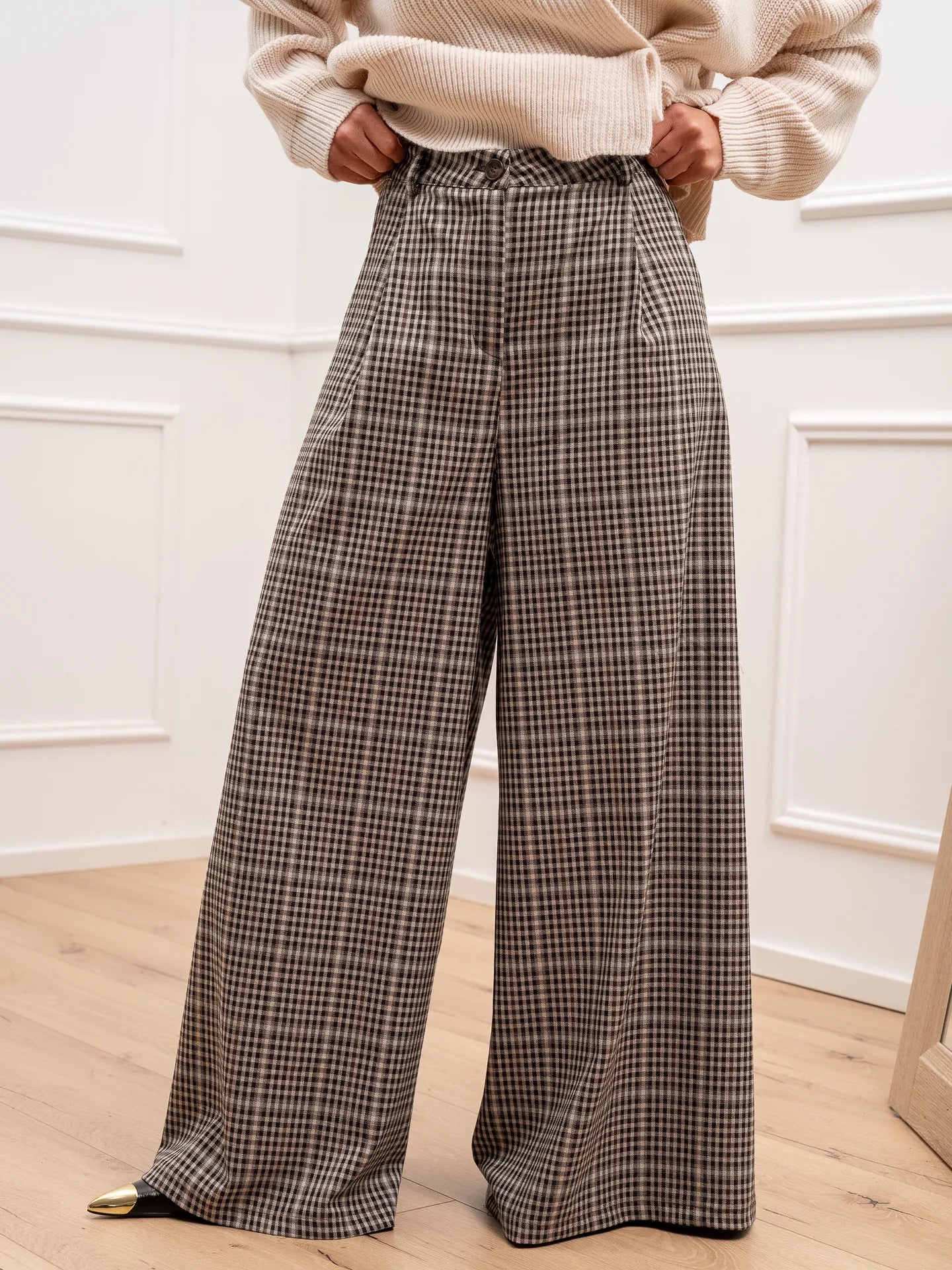 Pantaloni a quadretti moro, panna gamba ampia - HaveOne