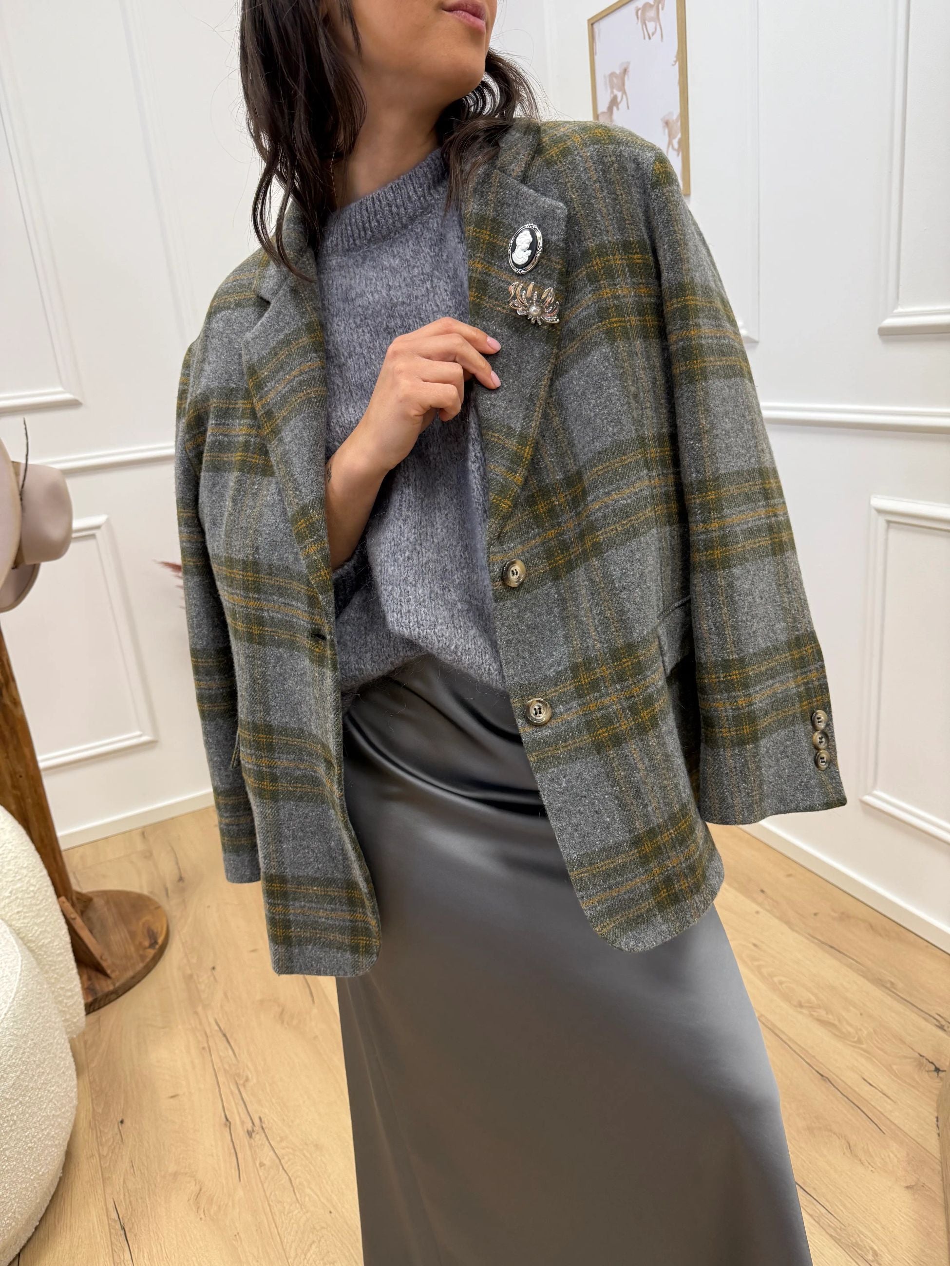 Giacca cappotto check grigio in lana - Dixie