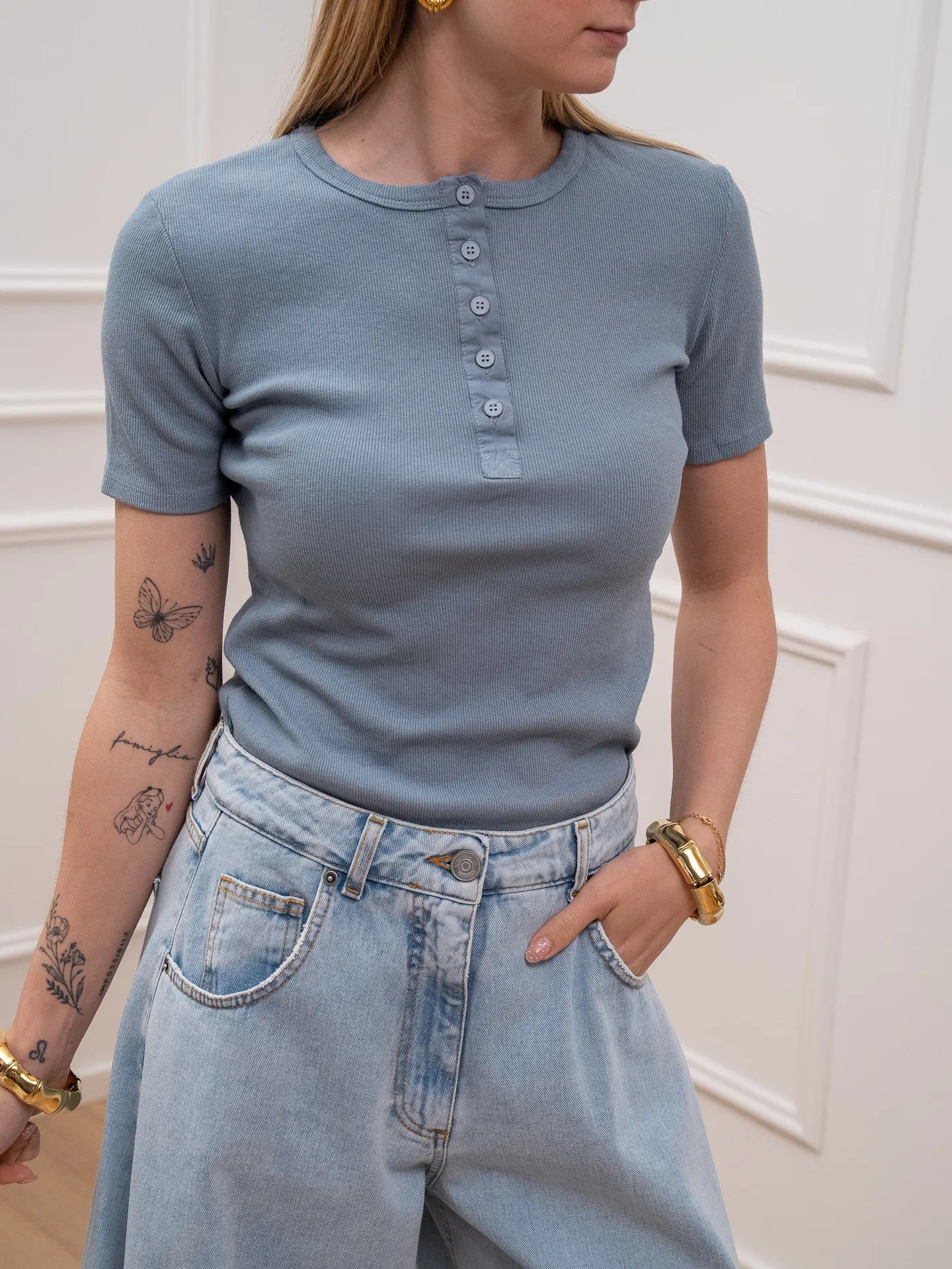 T shirt serafino denim a mezza manica - Tensione In