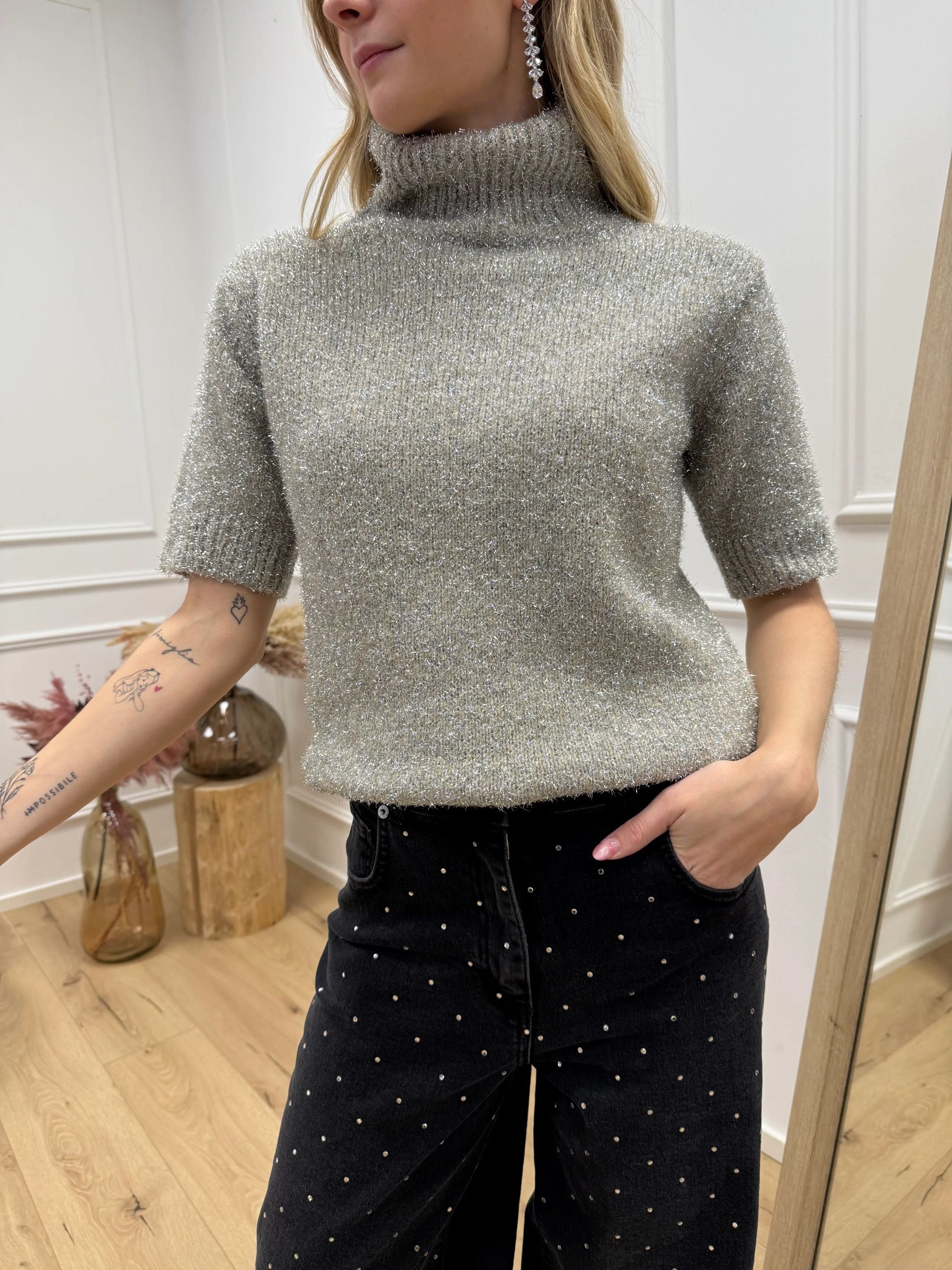 Dolcevita mezza manica tortora con filo lamè - HaveOne