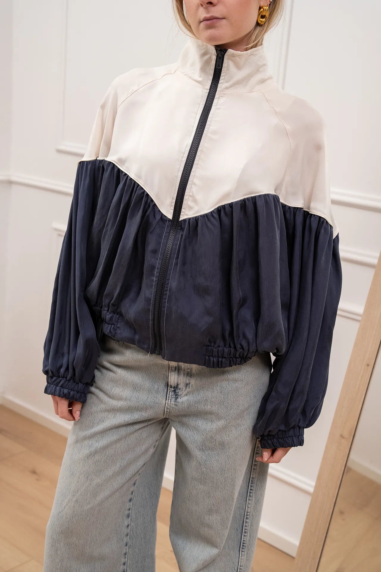 Bomber in cupro blu e panna - Tensione In