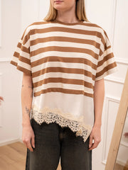 T shirt rigata camel, burro con banda in satin e pizzo - Dixie