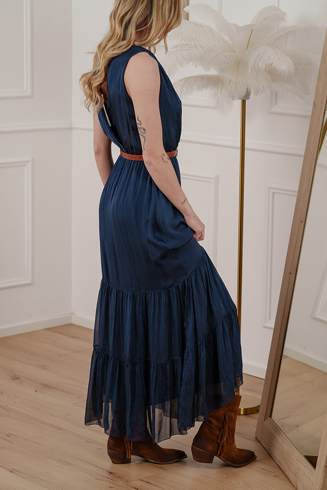 Vestito blu scollo a v incrociato misto seta - HaveOne