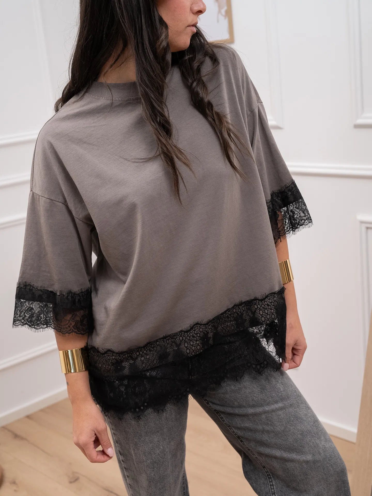 T shirt fango finiture in pizzo nero - HaveOne