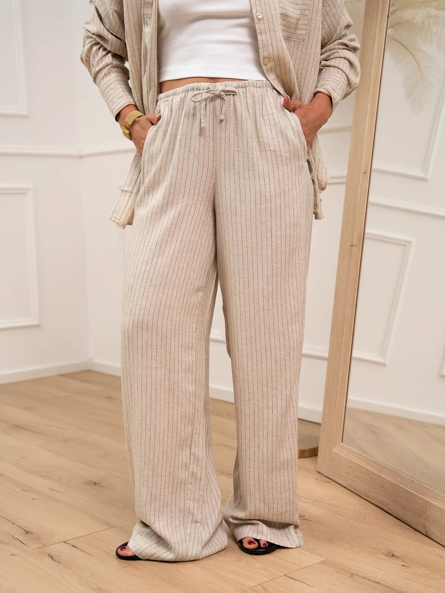 Pantaloni ecrù rigati misto lino - JJXX