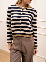 Cardigan girocollo rigato blu, burro e beige con bottoni - Crispy