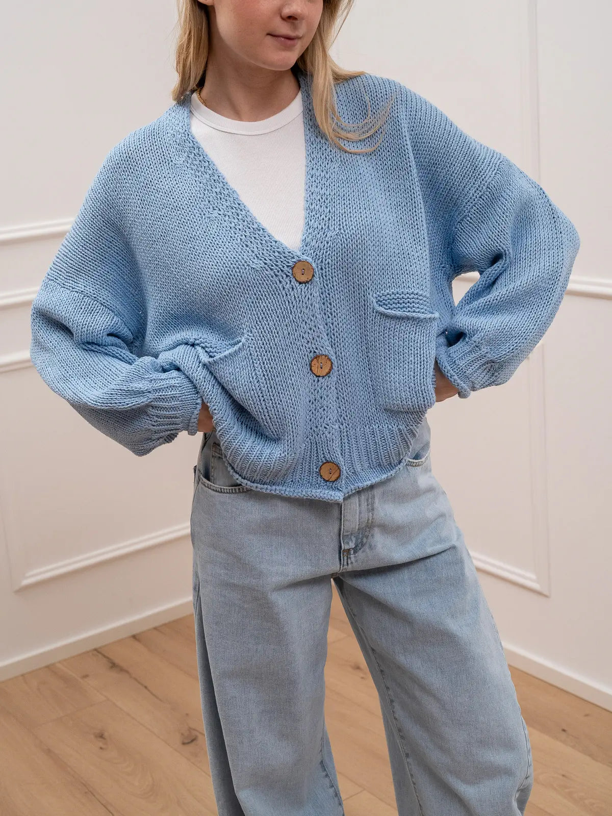 Cardigan bottoni cielo bordi con ricciolo - HaveOne