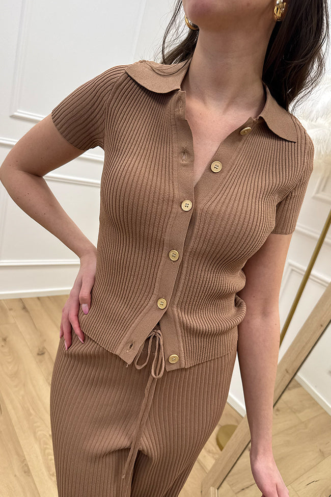 Polo mocha mousse a costine in viscosa - Vicolo