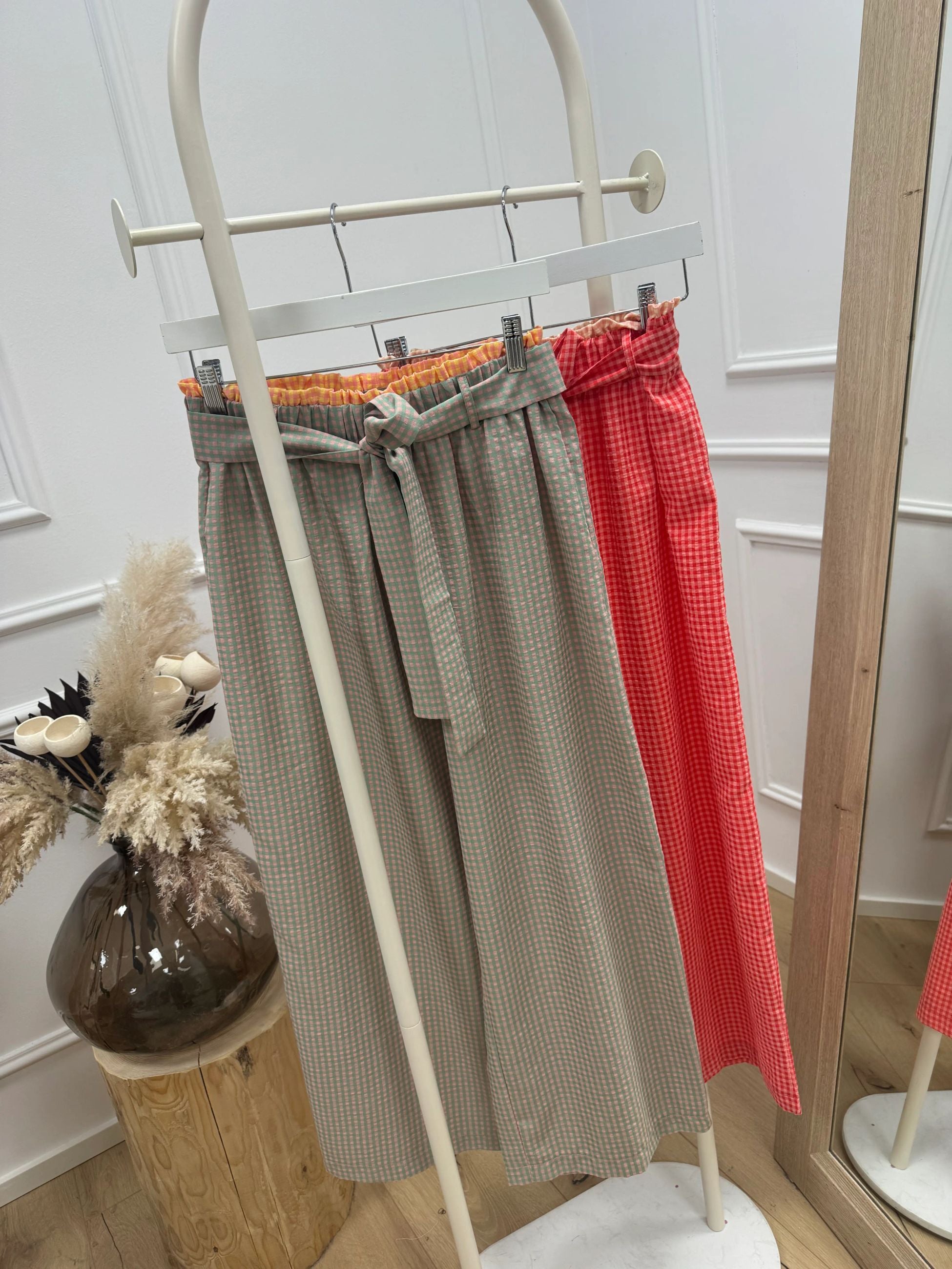 Pantaloni vichy ruffle pesca - Crispy