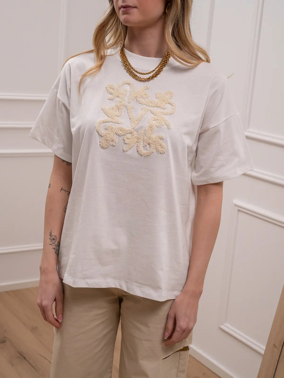 T shirt bianca logo bouclé crema - Vicolo