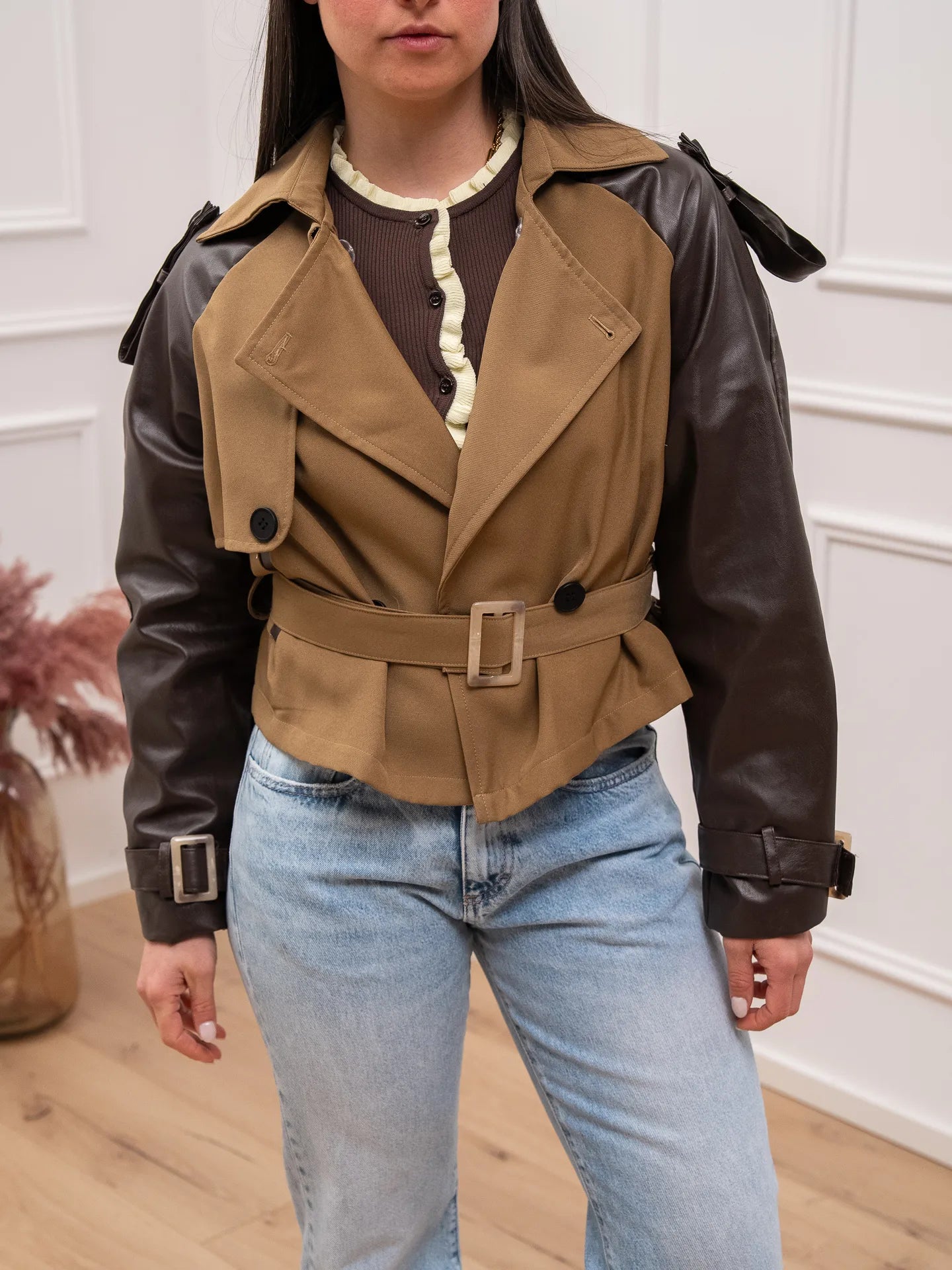 Trench crop kaki in misto ecopelle moro - Philia Loft