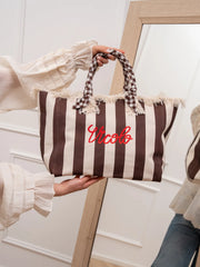 Borsa maxi rigata burro, moro con ricamo logo rosso - Vicolo