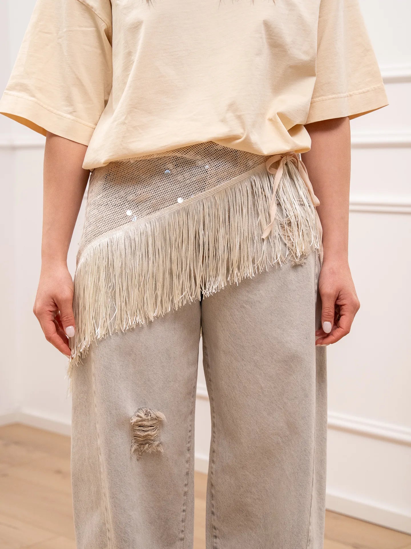 Bandana con paillettes e frange vaniglia - Vicolo