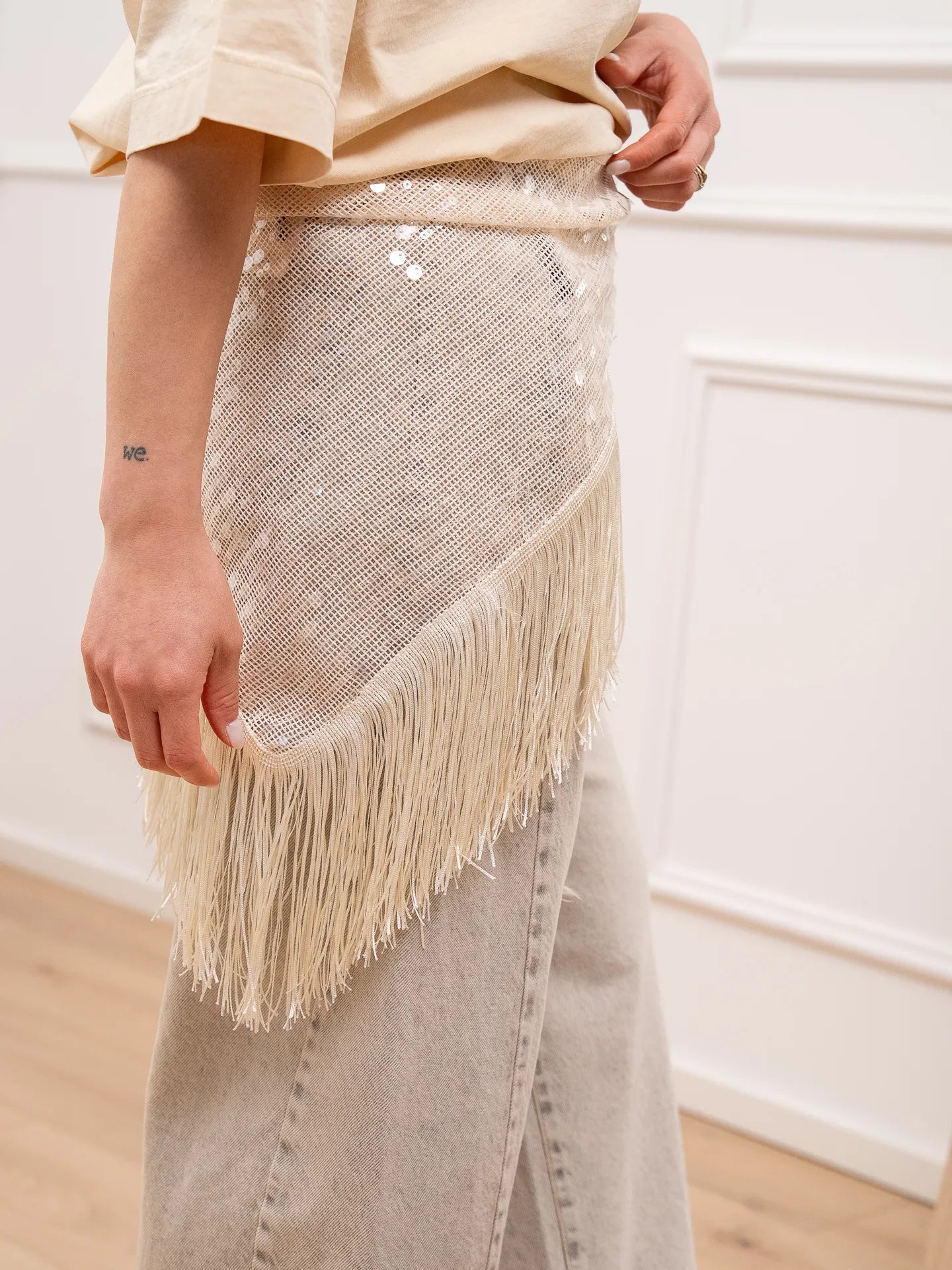 Bandana con paillettes e frange vaniglia - Vicolo