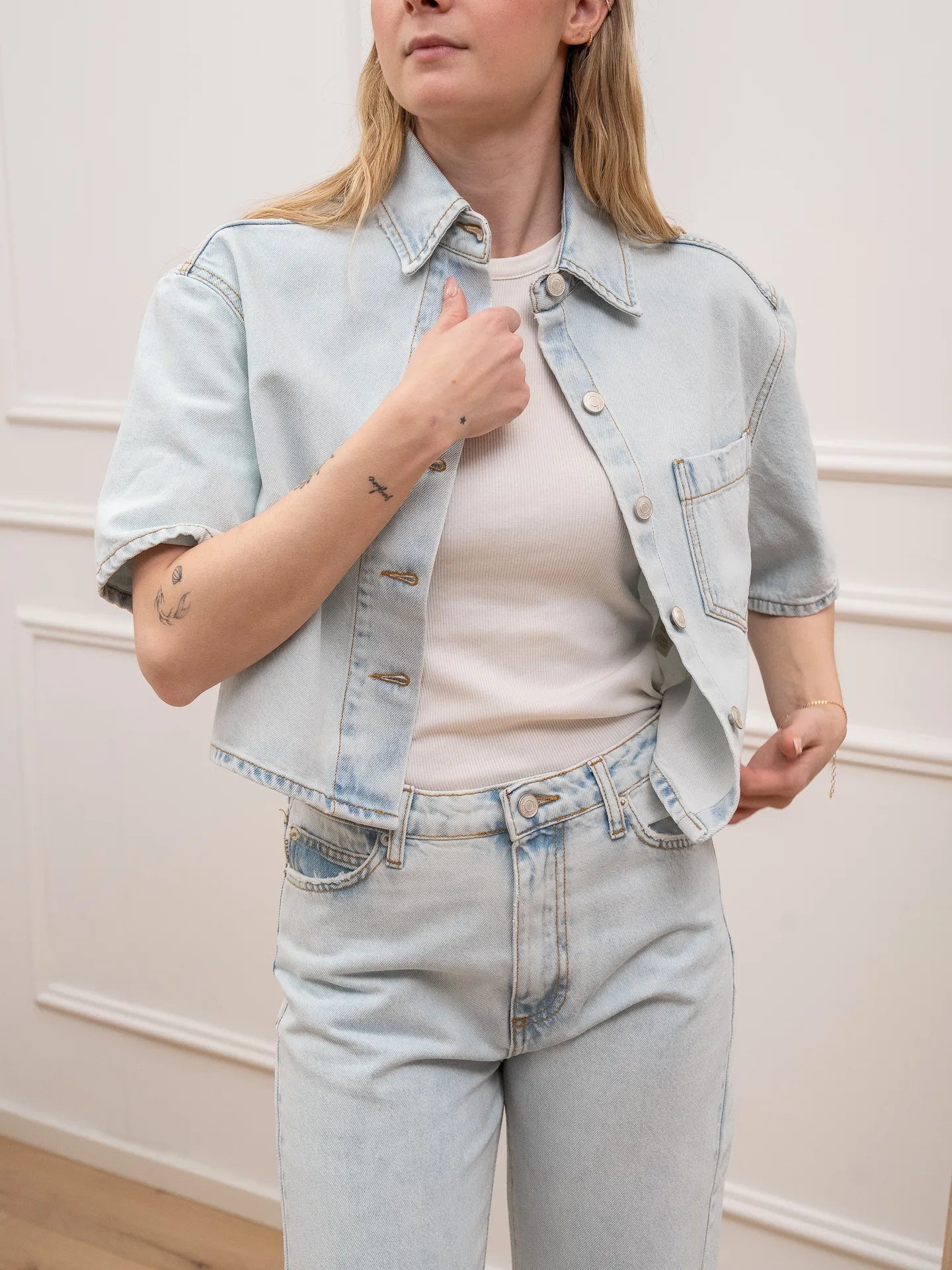 Camicia Xeno crop in denim con glitter - Vicolo