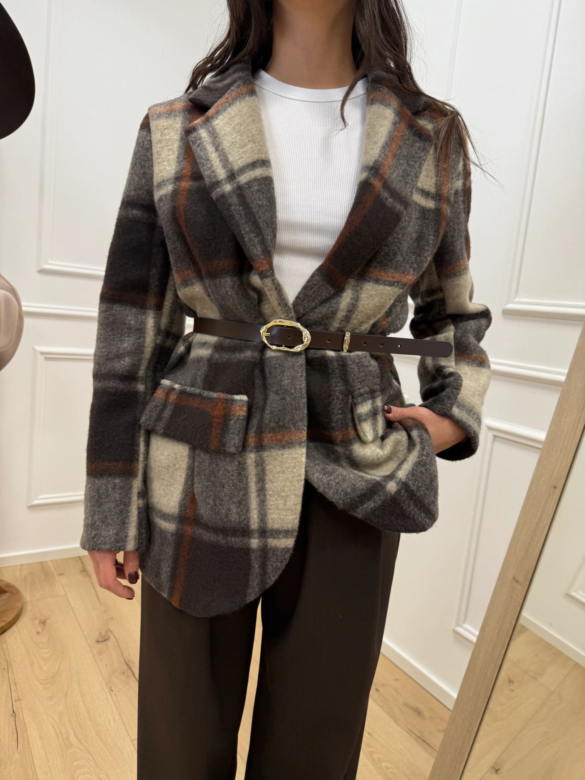 Giacca cappotto check grigio, ruggine, moro - HaveOne