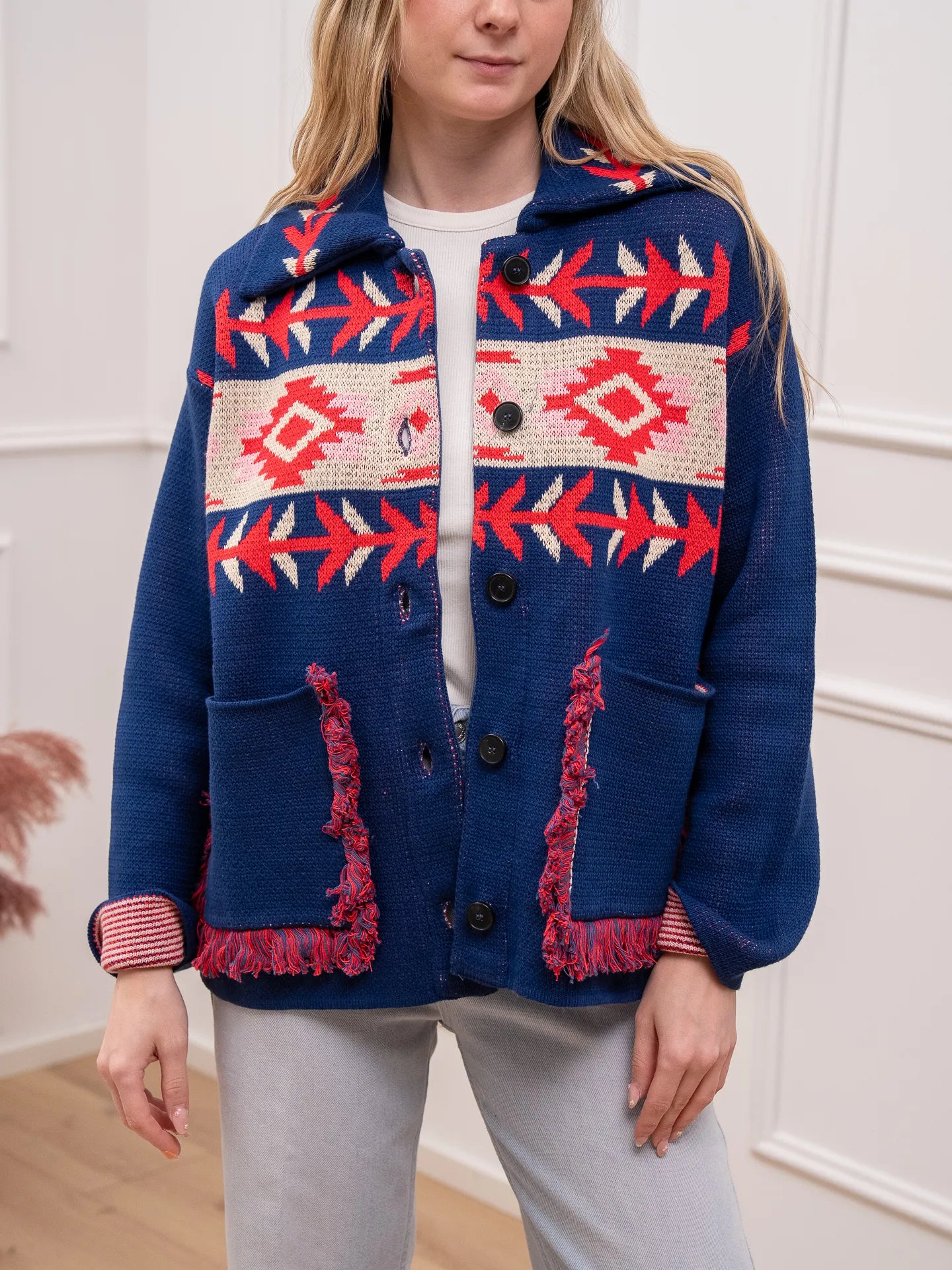 Cardigan etnico blu tasche con frangette - Vicolo