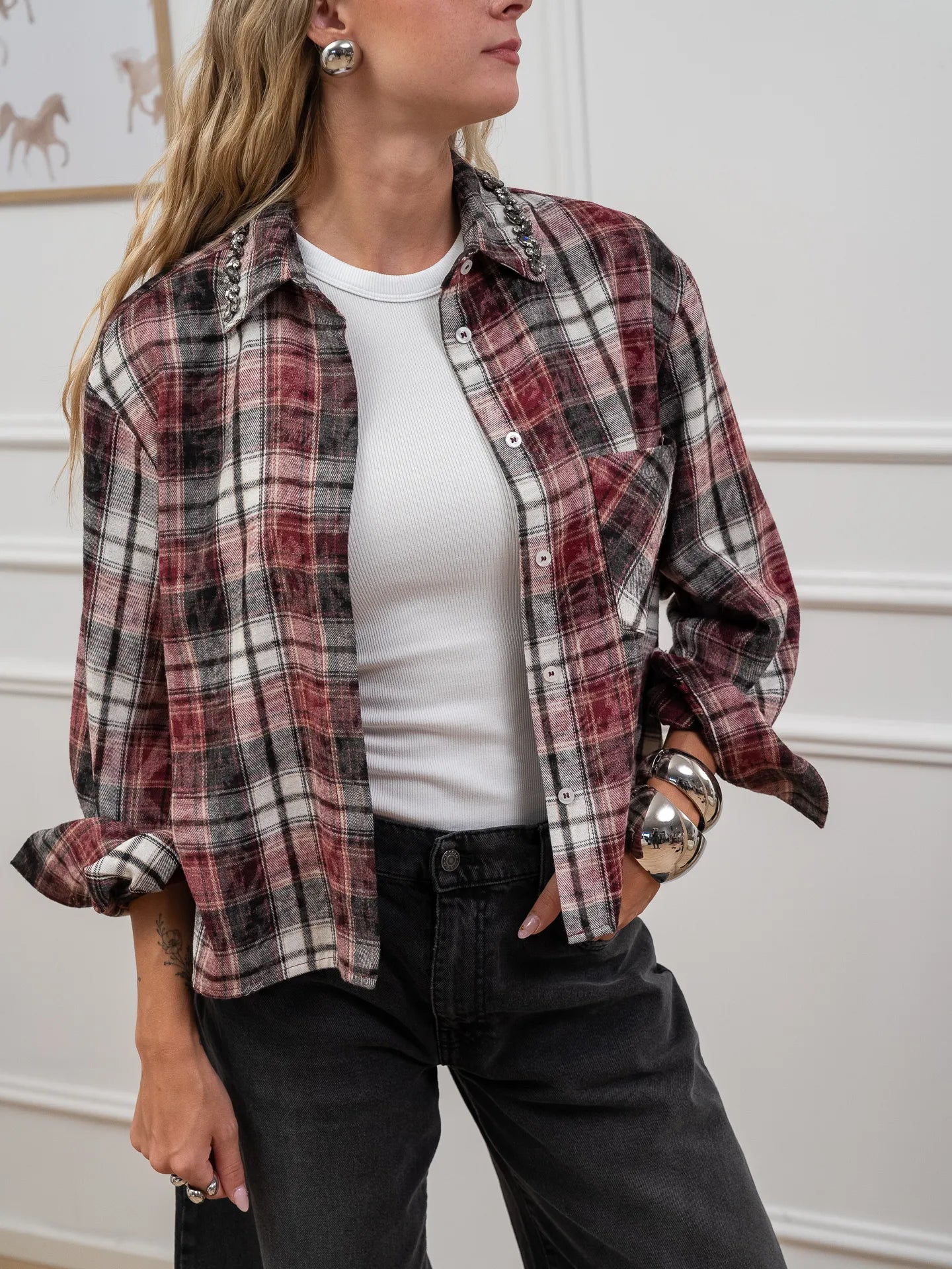 Camicia in flanella rossa colletto strass - Vicolo