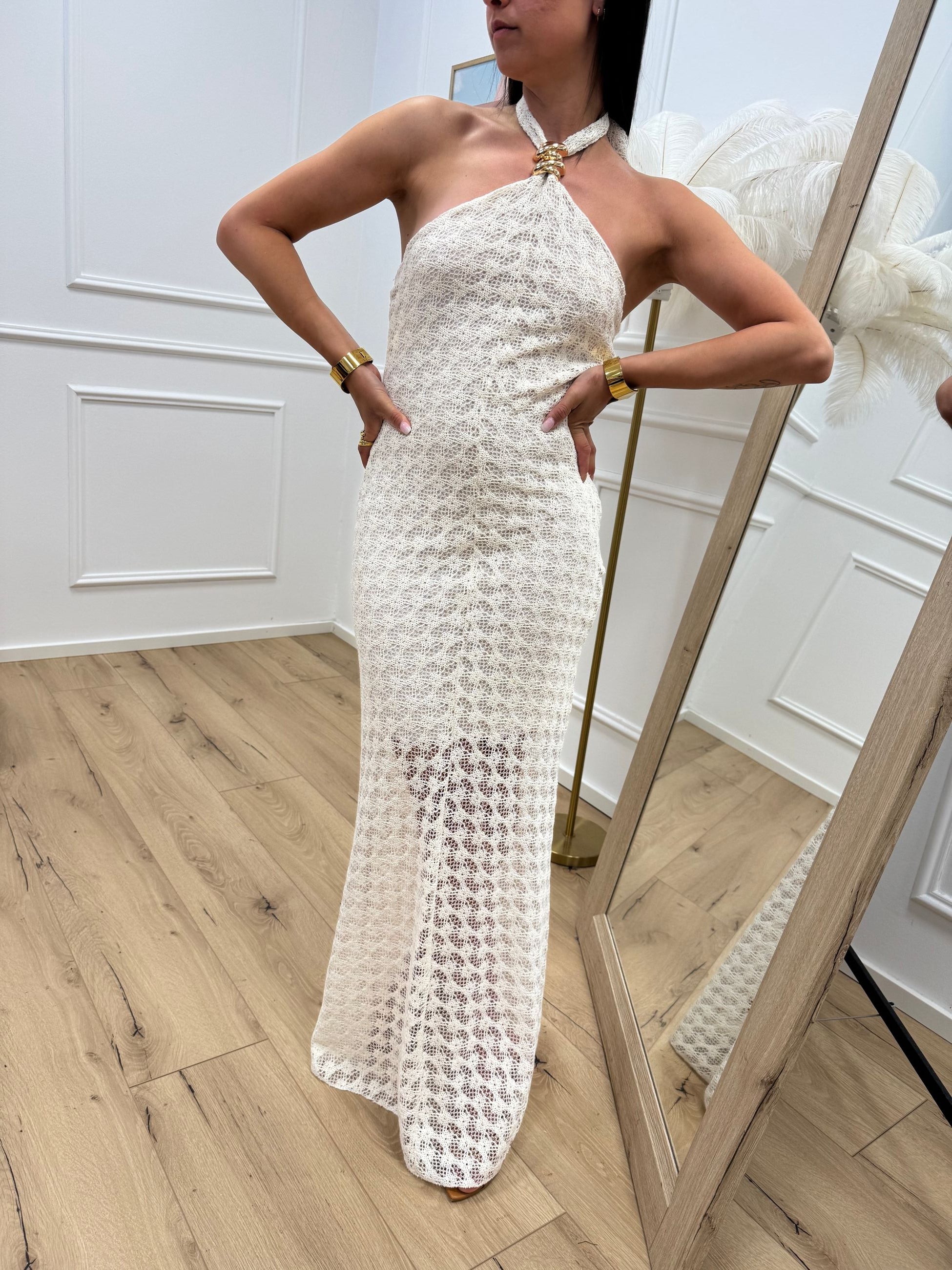 Vestito lungo crochet dettaglio dorato - HaveOne