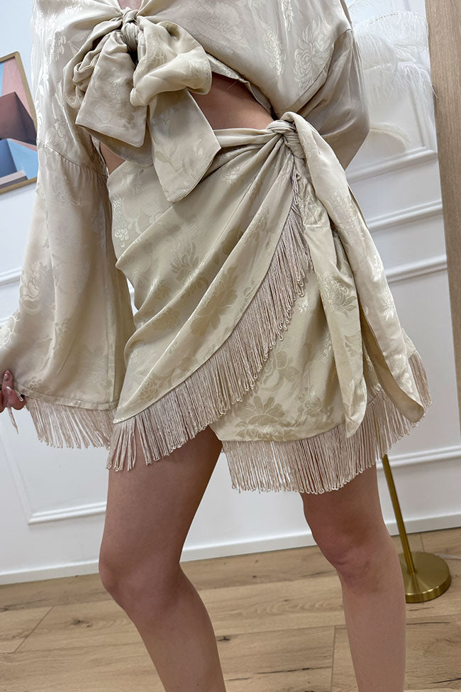 Gonna portafoglio beige fiori spalmati con frange - HaveOne
