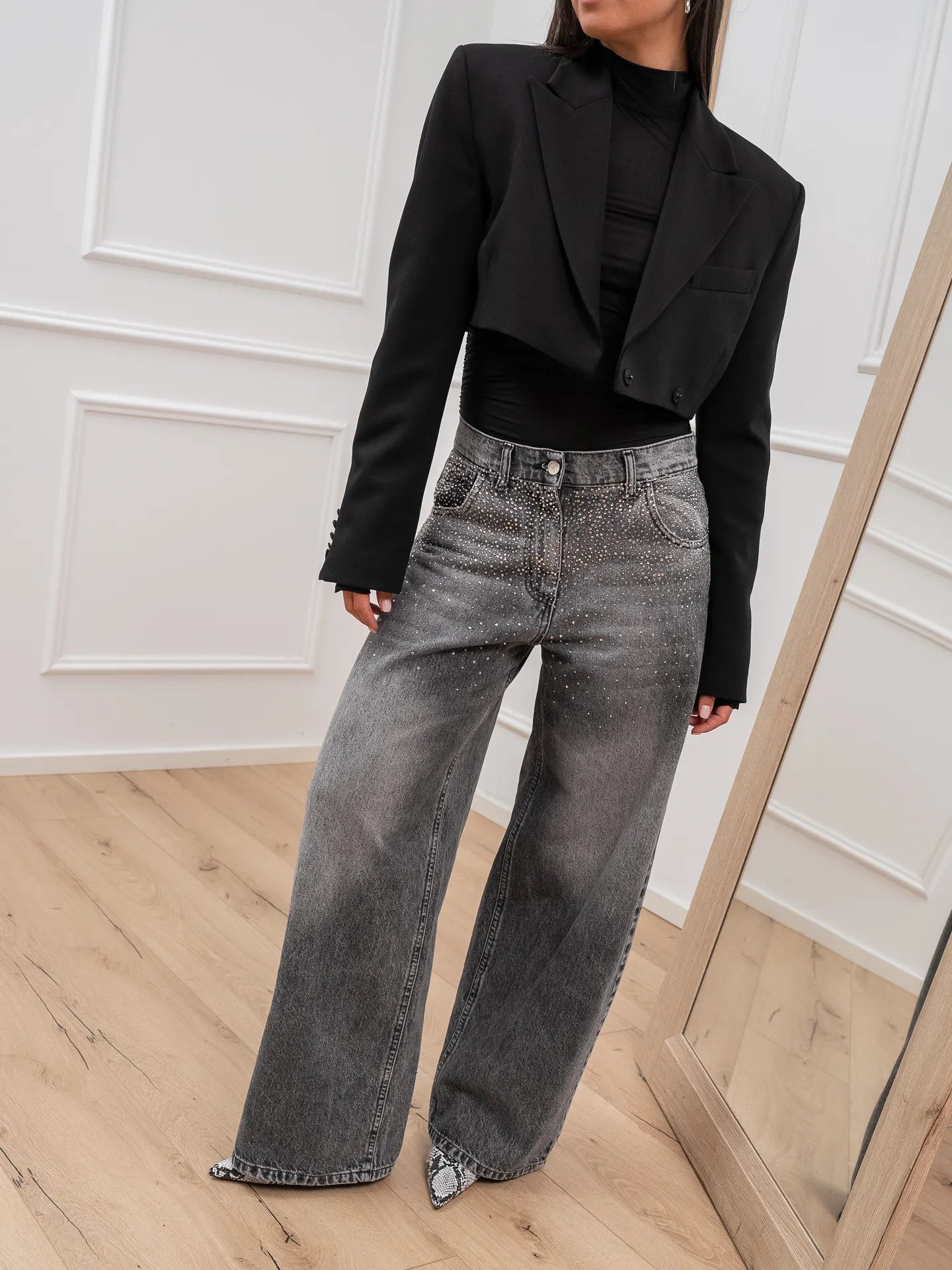 Jeans grigio con strass a cascata - Philia Loft