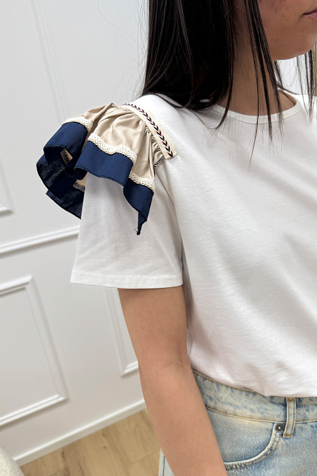 T shirt manica volant beige e blu con passamaneria - HaveOne