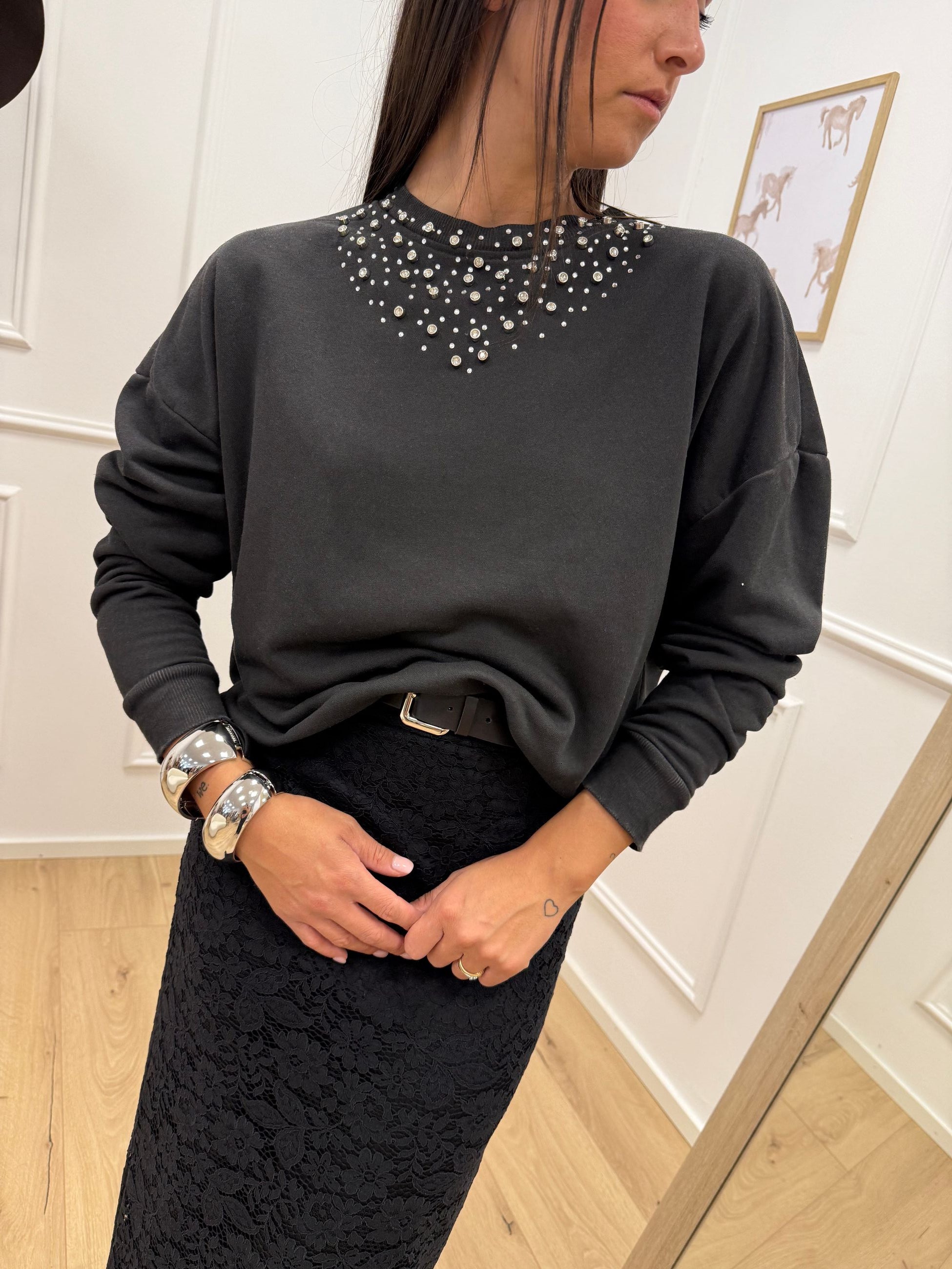 Felpa grigio piombo con strass - HaveOne