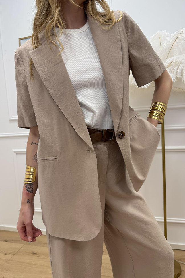 Giacca mezza manica beige in viscosa stropicciata - HaveOne