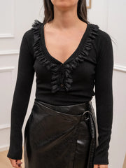 Maglia soft touch nera con pizzo e bottoncini - HaveOne