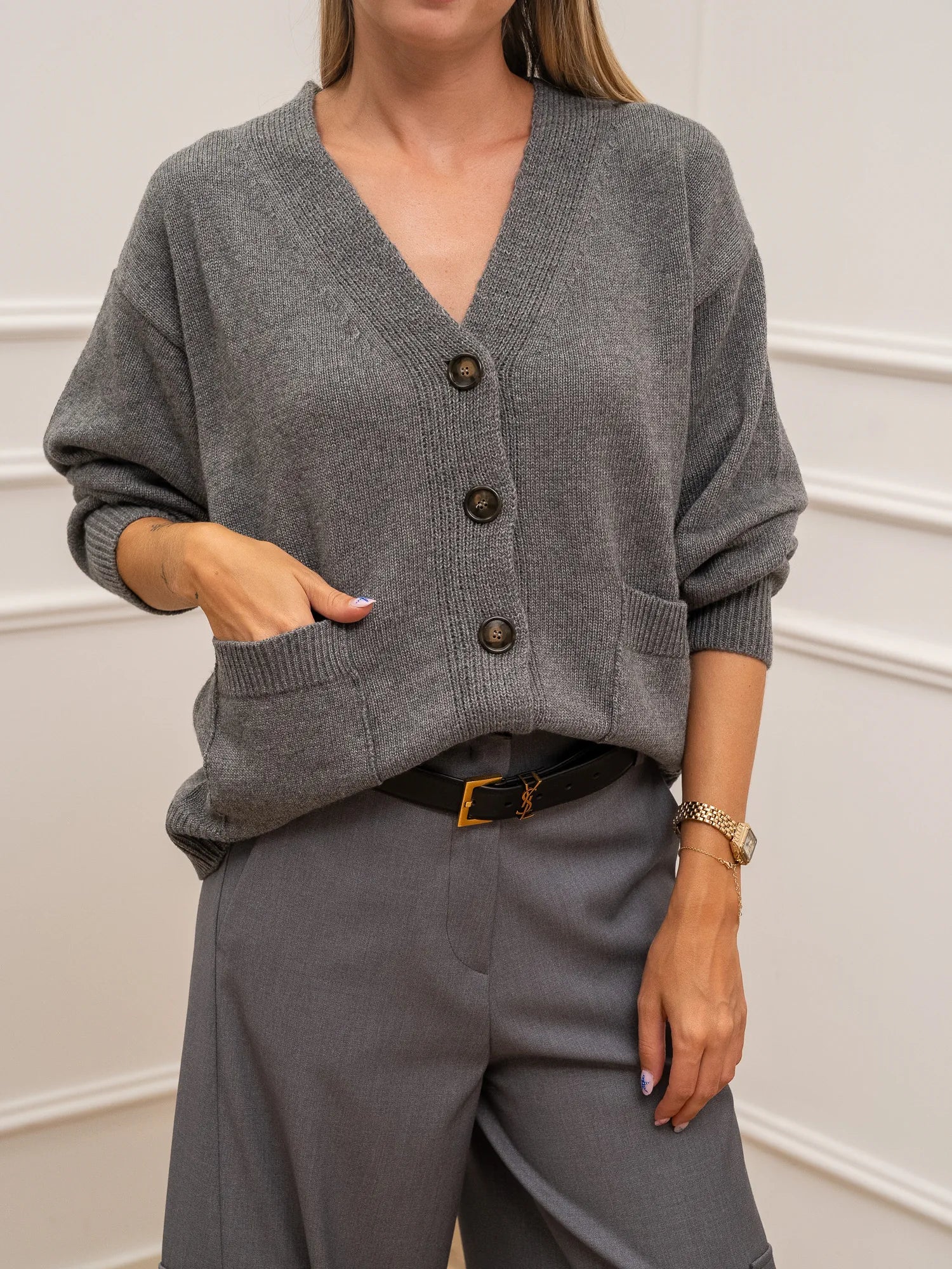 Cardigan basic grigio scollo a v misto lana - Kontatto