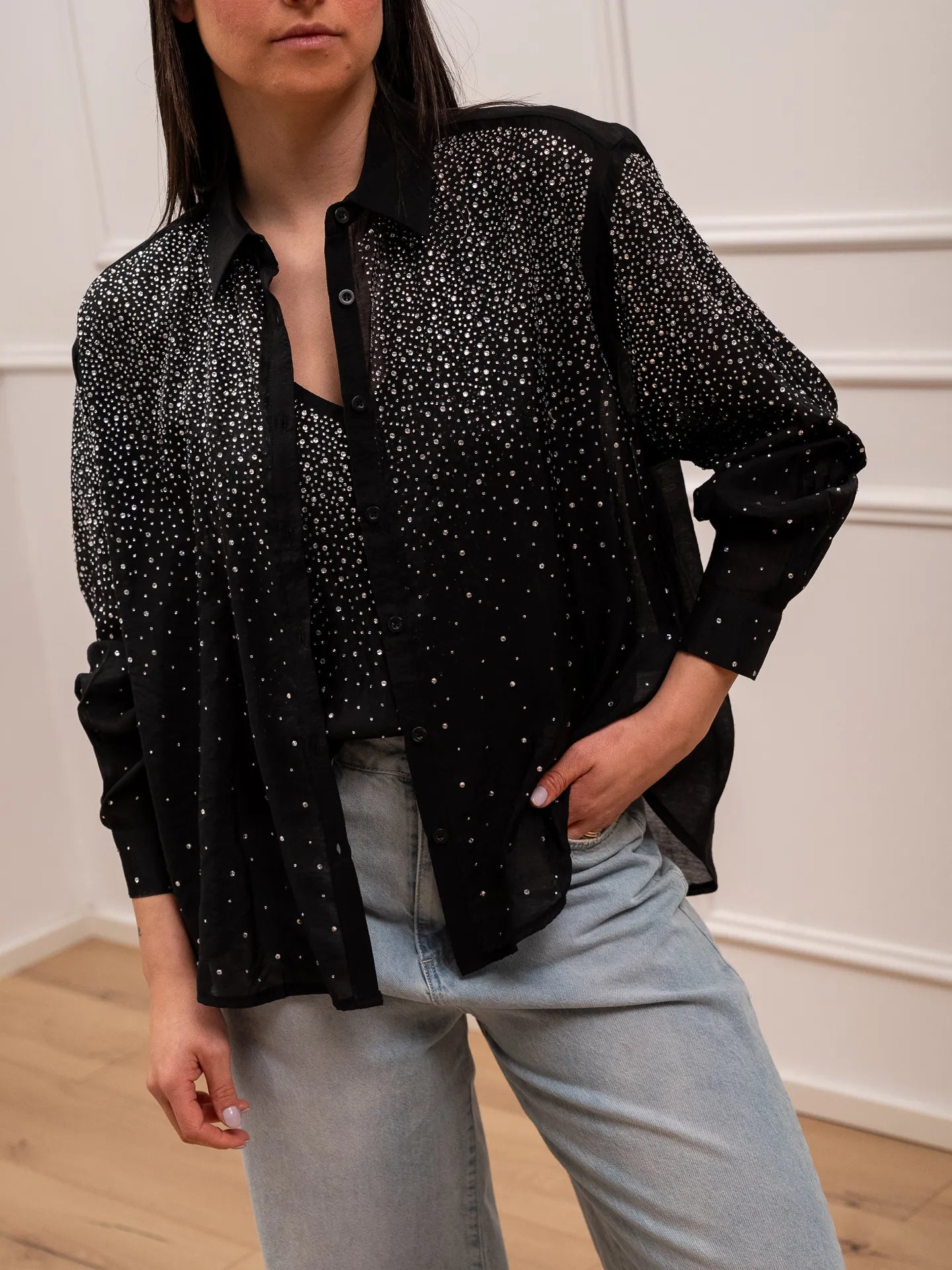 Camicia nera in mussola con strass - You Decide